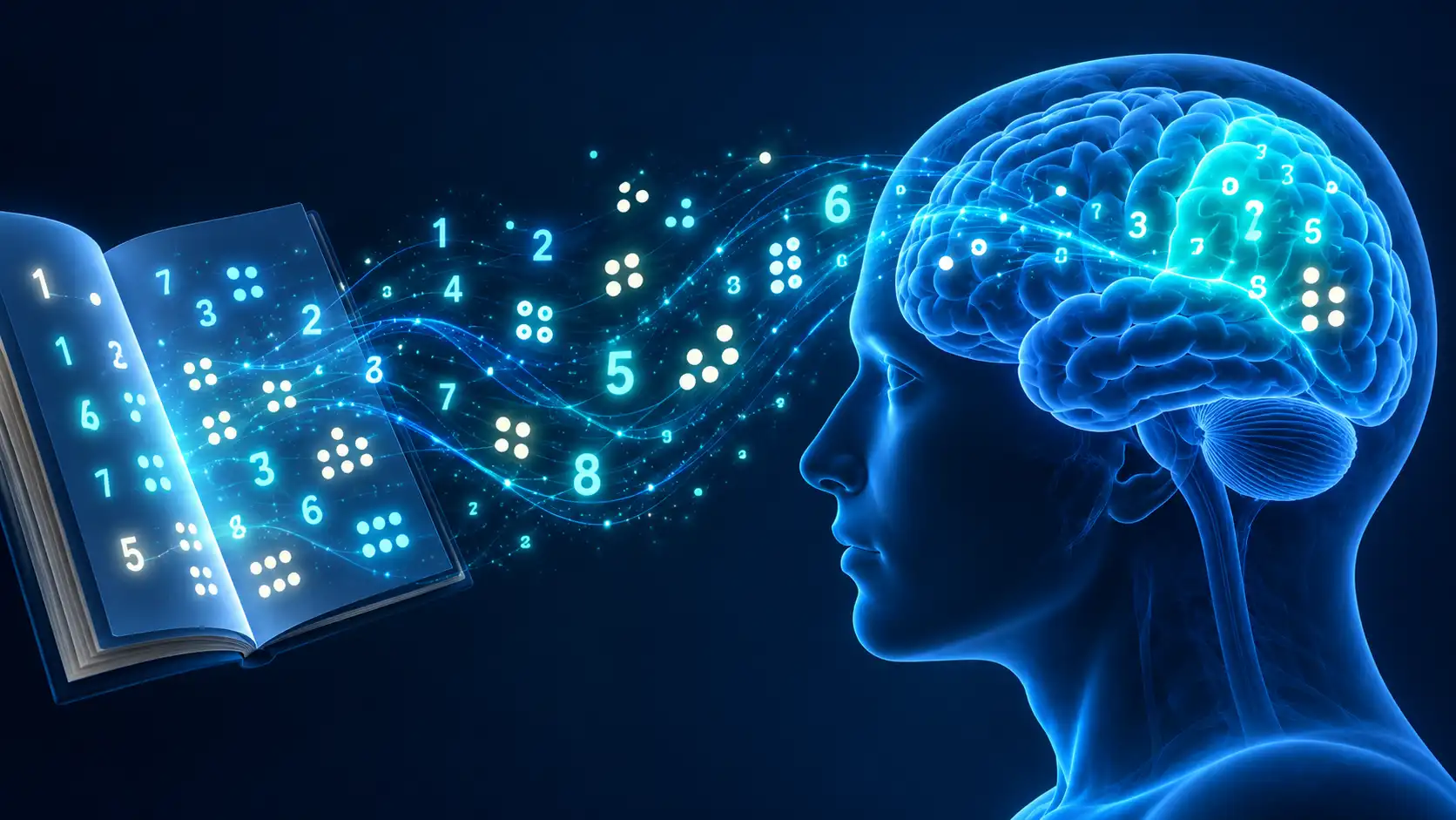 Numerals and clusters of dots flowing toward a glowing brain whose parietal region lights up, representing how the brain processes numbers and quantity.