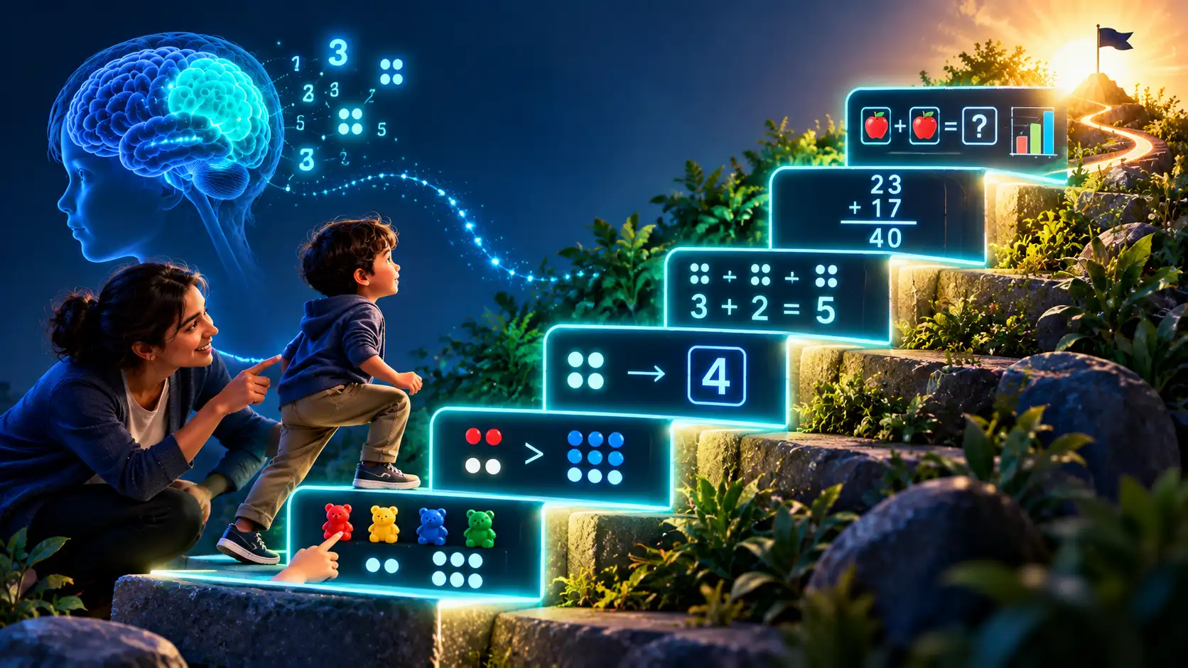 A staircase of structured maths-learning steps — count, compare quantities, link number to symbol, number facts, procedures, problem-solving — with an adult guiding a child using a number line and manipulatives toward confidence with numbers.