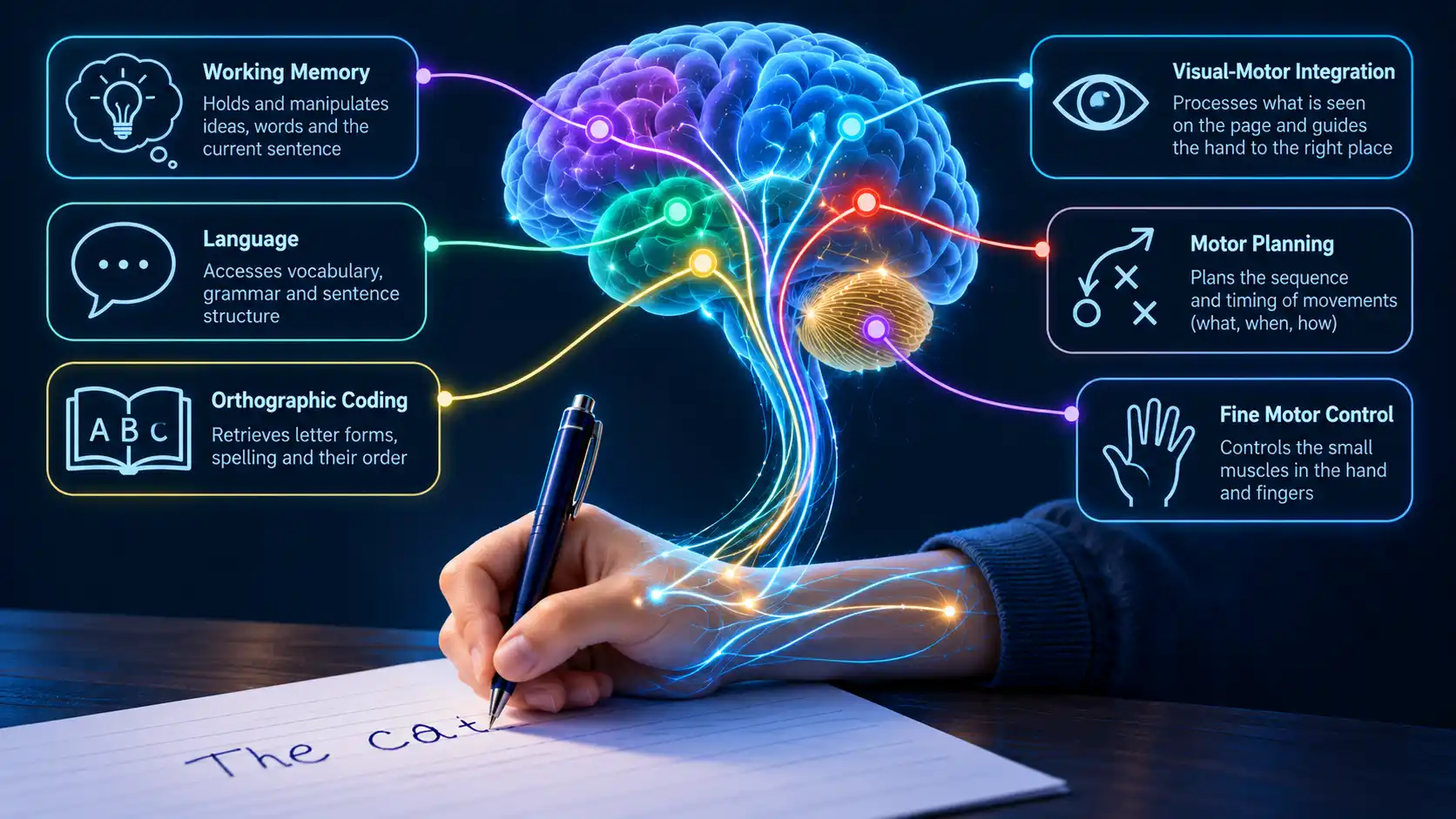 A brain-and-hand schematic with labelled component skills feeding handwriting — fine motor control, visual-motor integration, motor planning, orthographic coding, working memory and language — connected by thin lines.