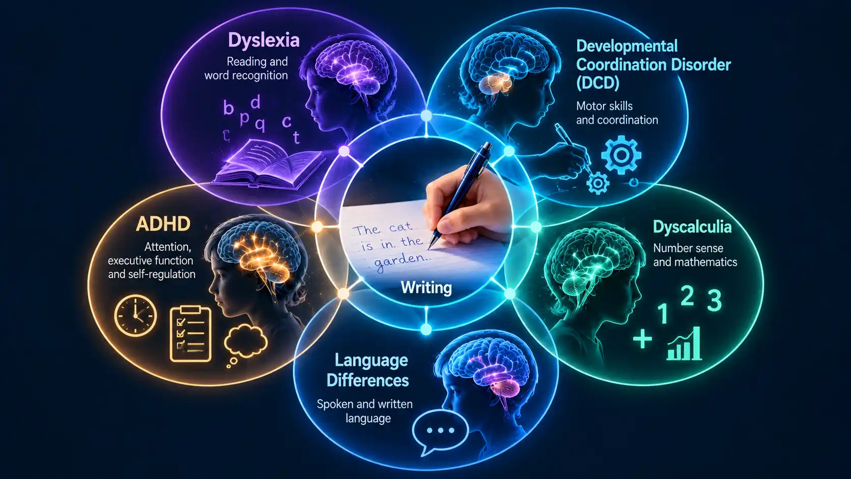 A diagram with writing at the centre overlapping with dyslexia, developmental coordination disorder, ADHD, dyscalculia, and language difficulty, showing frequent overlap.