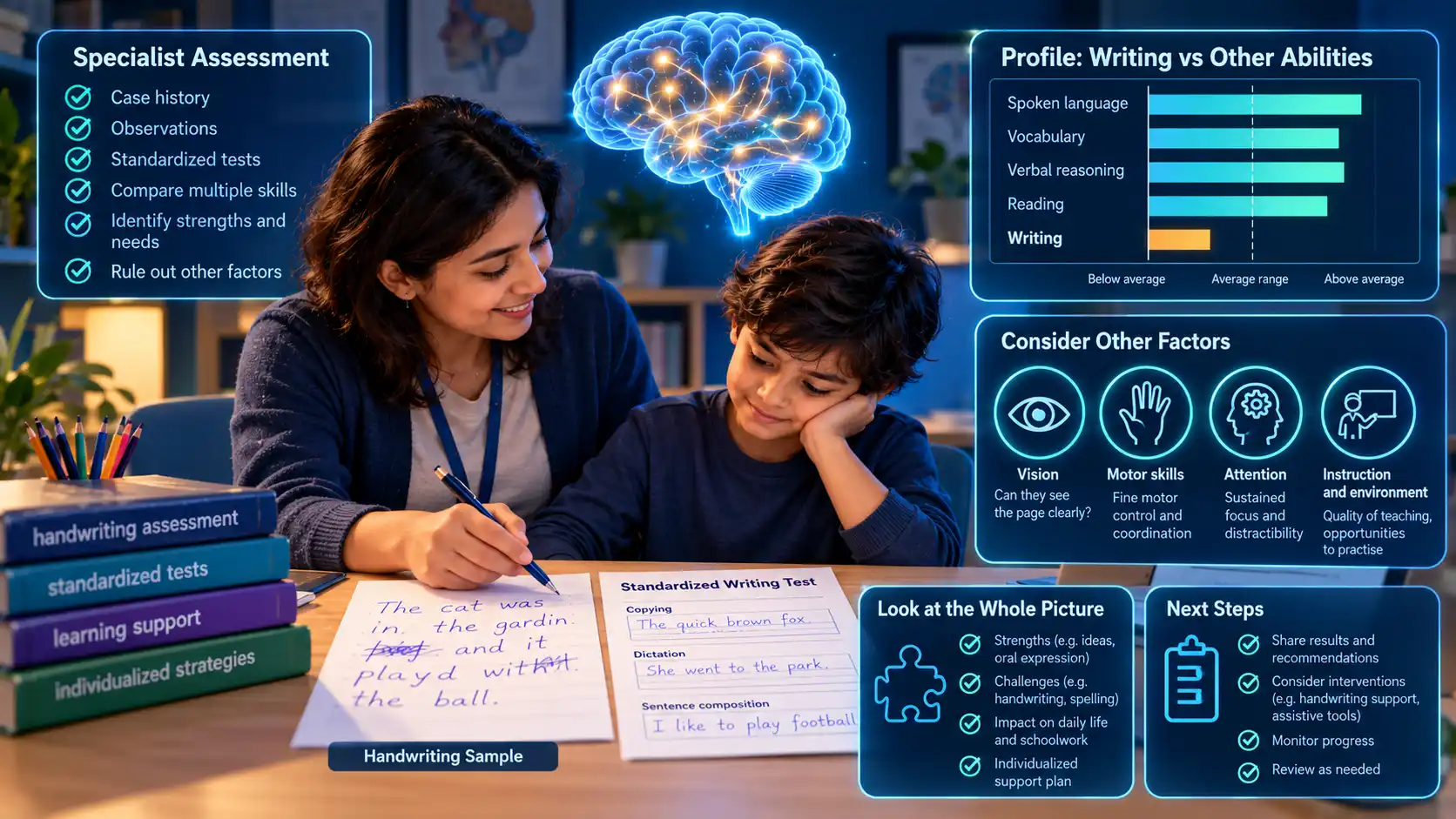 A supportive assessment session with a specialist and a young person at a table using a handwriting sample and a standardized writing test, with a profile chart comparing writing to spoken ability and icons for considering vision, motor skills, attention and instruction.
