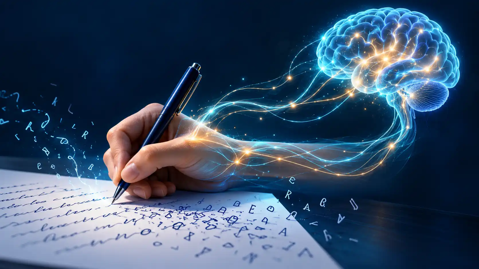 A hand writing with a pen, some letters neat and some uneven, with a softly glowing brain linked to the hand — representing writing as an effortful act of coordination.