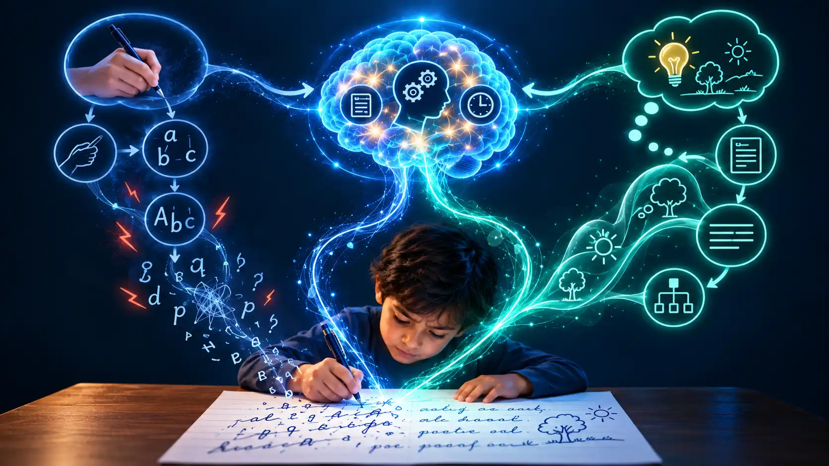 Two paths feeding a single sheet of written text — a transcription path (hand, letters, spelling) and a composition path (an idea becoming a sentence) — both drawing on a shared working-memory node, one path shown strained.