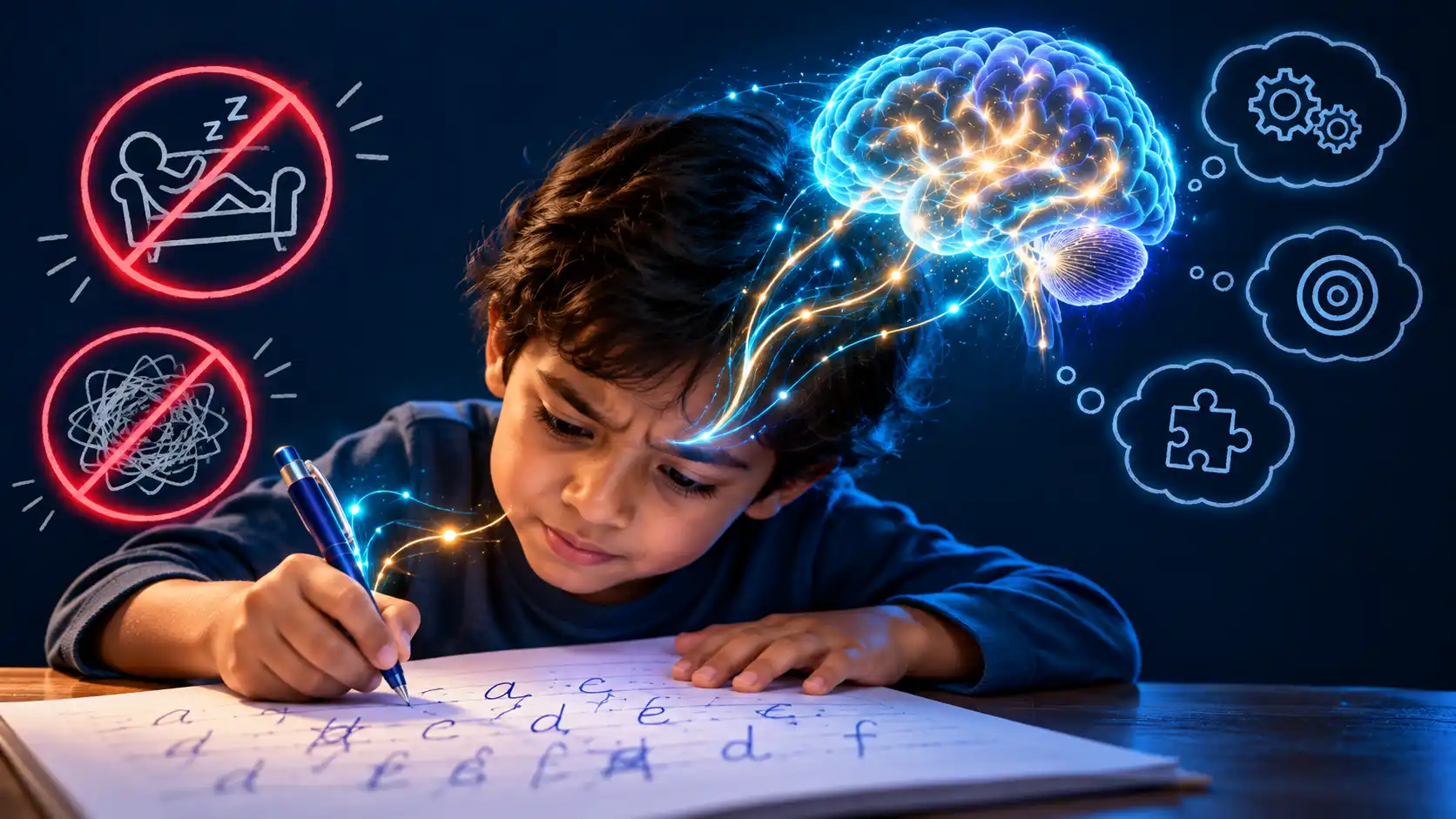 A child writing with visible effort, uneven letters on the page, a glowing brain above, and faded crossed-out icons for 'lazy' and 'messy = careless', conveying that dysgraphia is not about intelligence or effort.