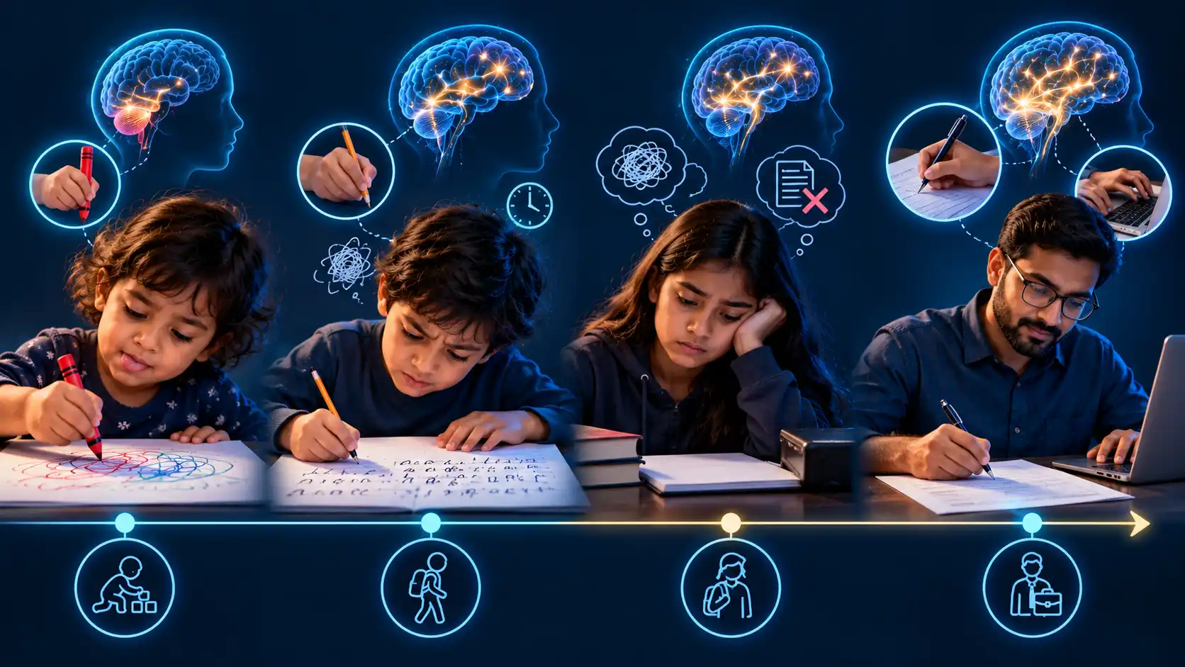 A timeline from preschool to adulthood showing how dysgraphia presents at each stage: awkward crayon grip, messy and slow letters, avoiding writing tasks as a teen, and difficulty with forms and note-taking in adulthood.