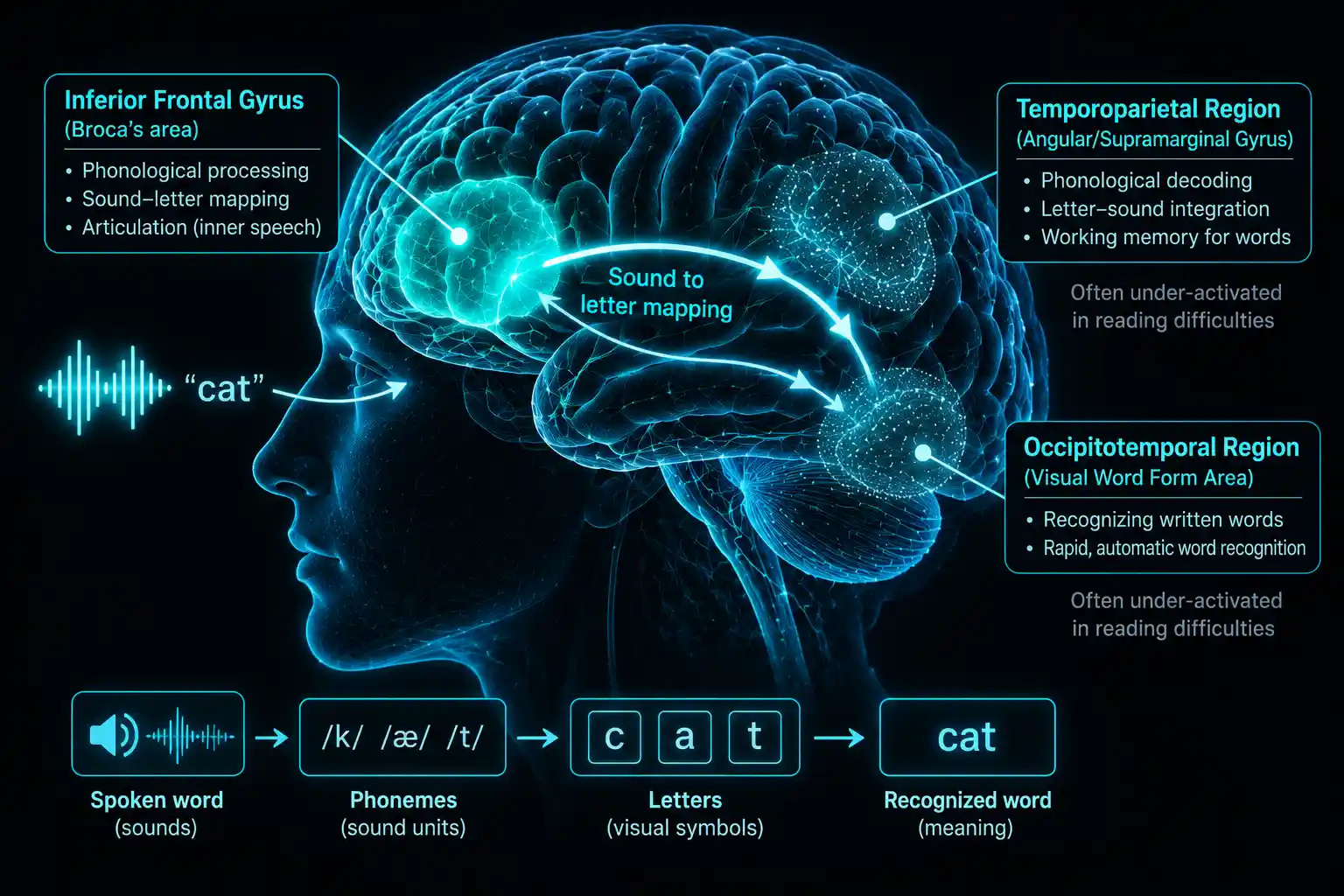 A side view of the brain labelling the three parts of the left-hemisphere reading network: inferior frontal gyrus, temporoparietal region, and occipitotemporal visual word form area, with the posterior regions marked as often under-activated.