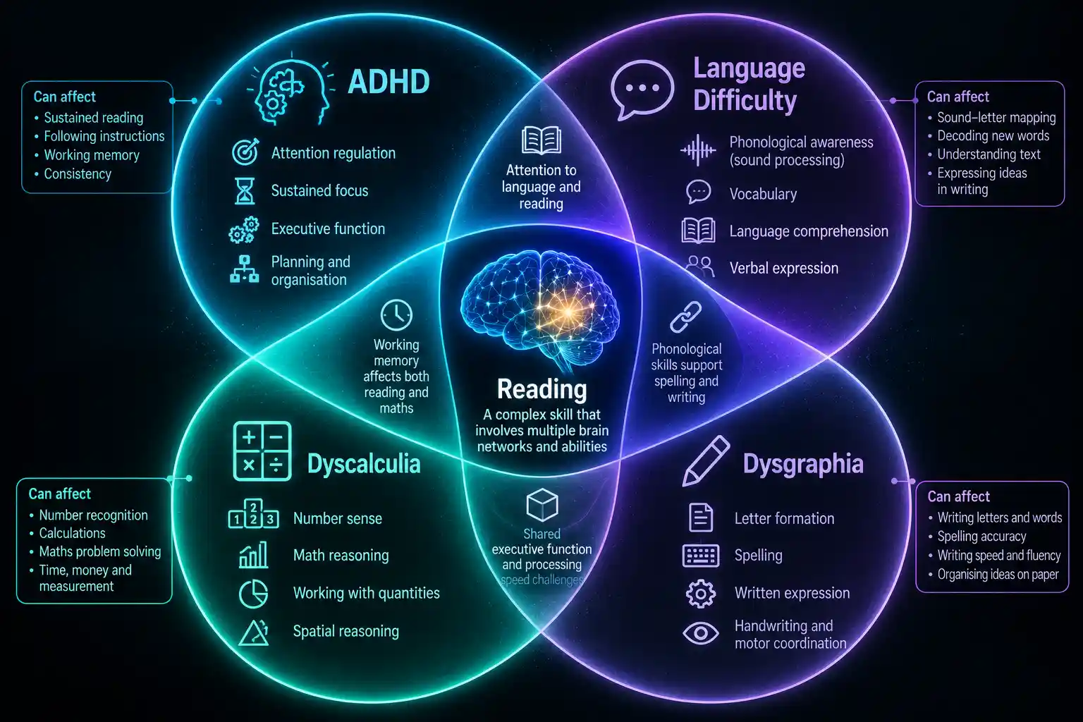 A Venn diagram with reading at the centre, overlapping with ADHD, developmental language difficulty, dyscalculia, and dysgraphia, showing shared cognitive and processing demands.