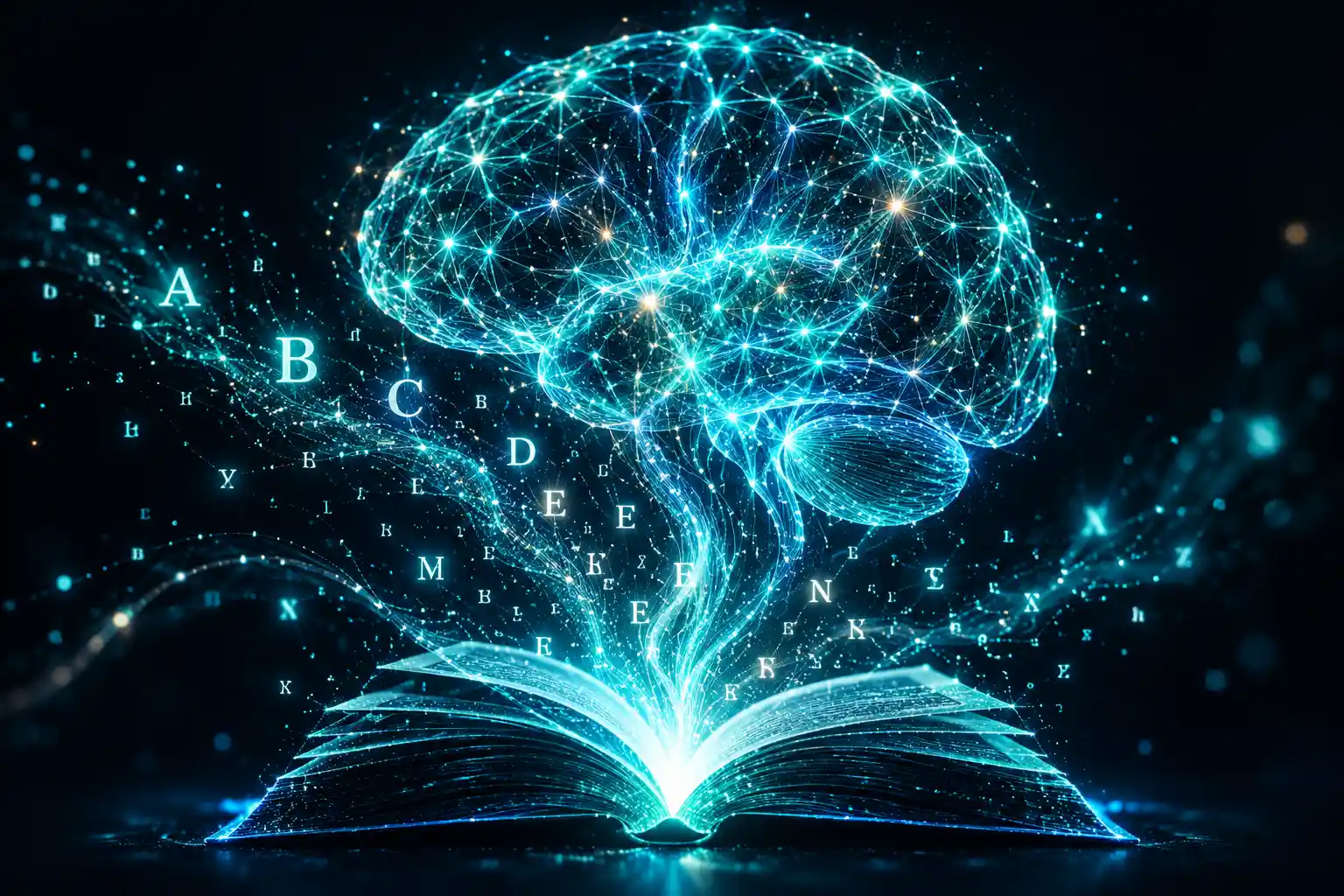 Letters rising from an open book toward a glowing neural network, representing how the brain processes written language.