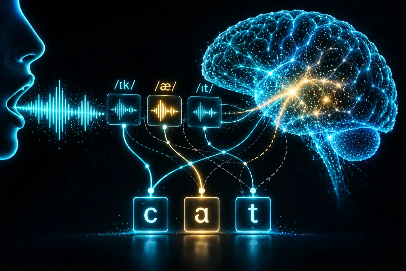 A spoken word travelling from a face as a sound wave, splitting into phonemes /k/ /æ/ /t/, which map onto the letter tiles c-a-t, with a brain lighting up.