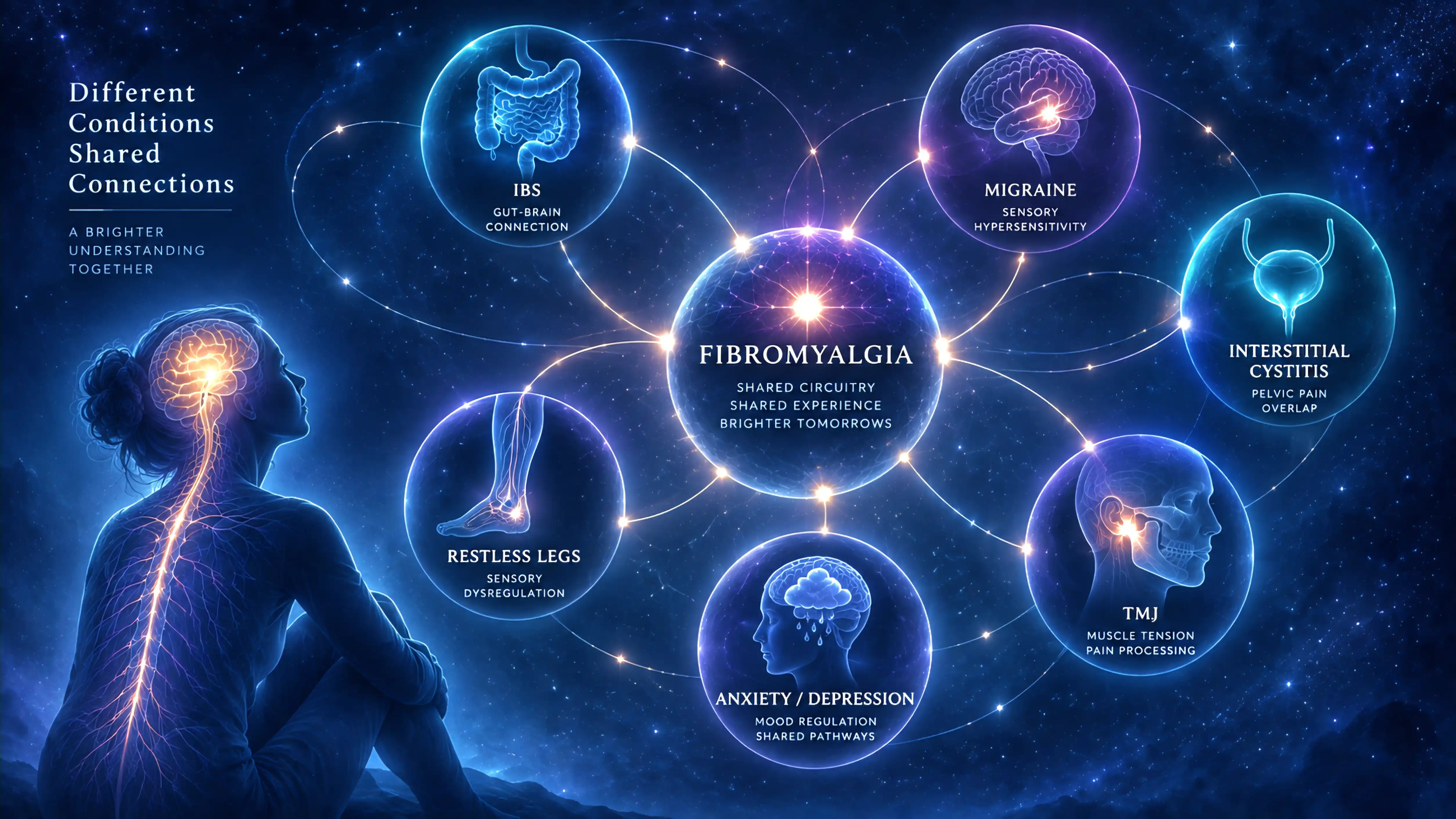 A constellation diagram linking fibromyalgia to IBS, migraine, interstitial cystitis, TMJ disorders, restless legs and anxiety/depression.