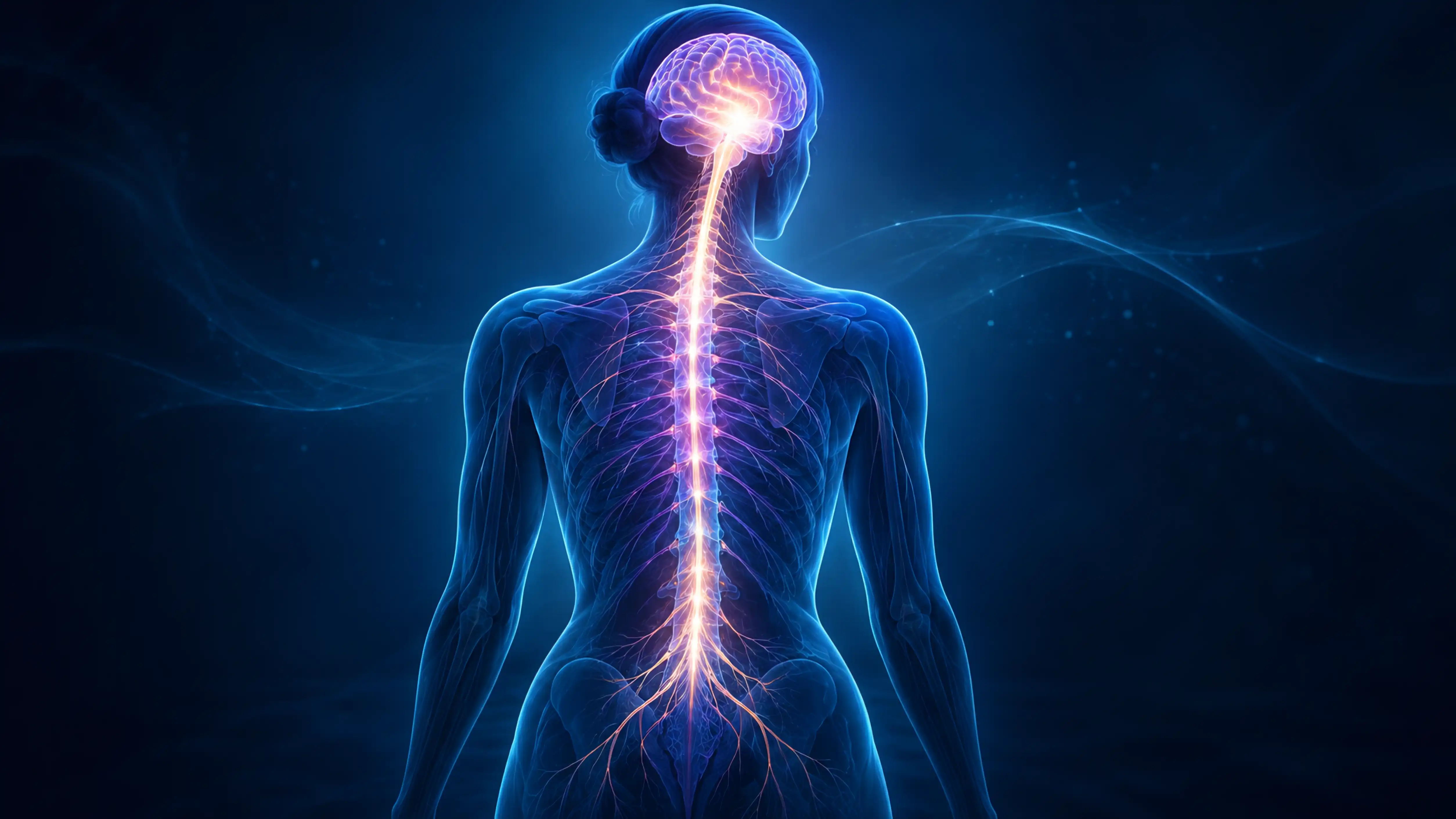 Conceptual illustration of a human figure with a luminous glow tracing the brain and spinal cord, symbolising that fibromyalgia pain is generated within the central nervous system.