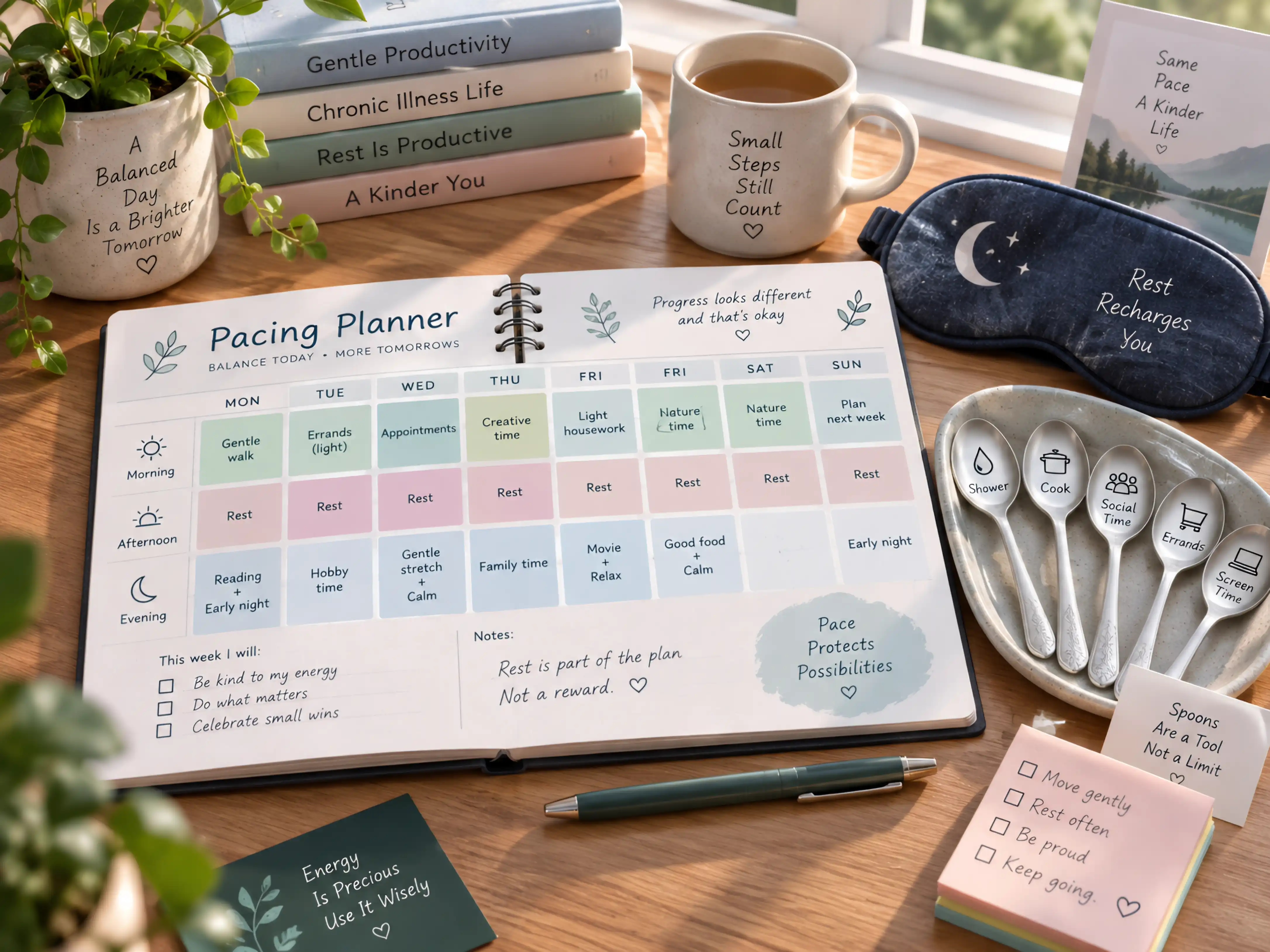 A weekly pacing planner on a desk with balanced activity and rest blocks, a sleep mask, a mug, and spoons representing Spoon Theory.