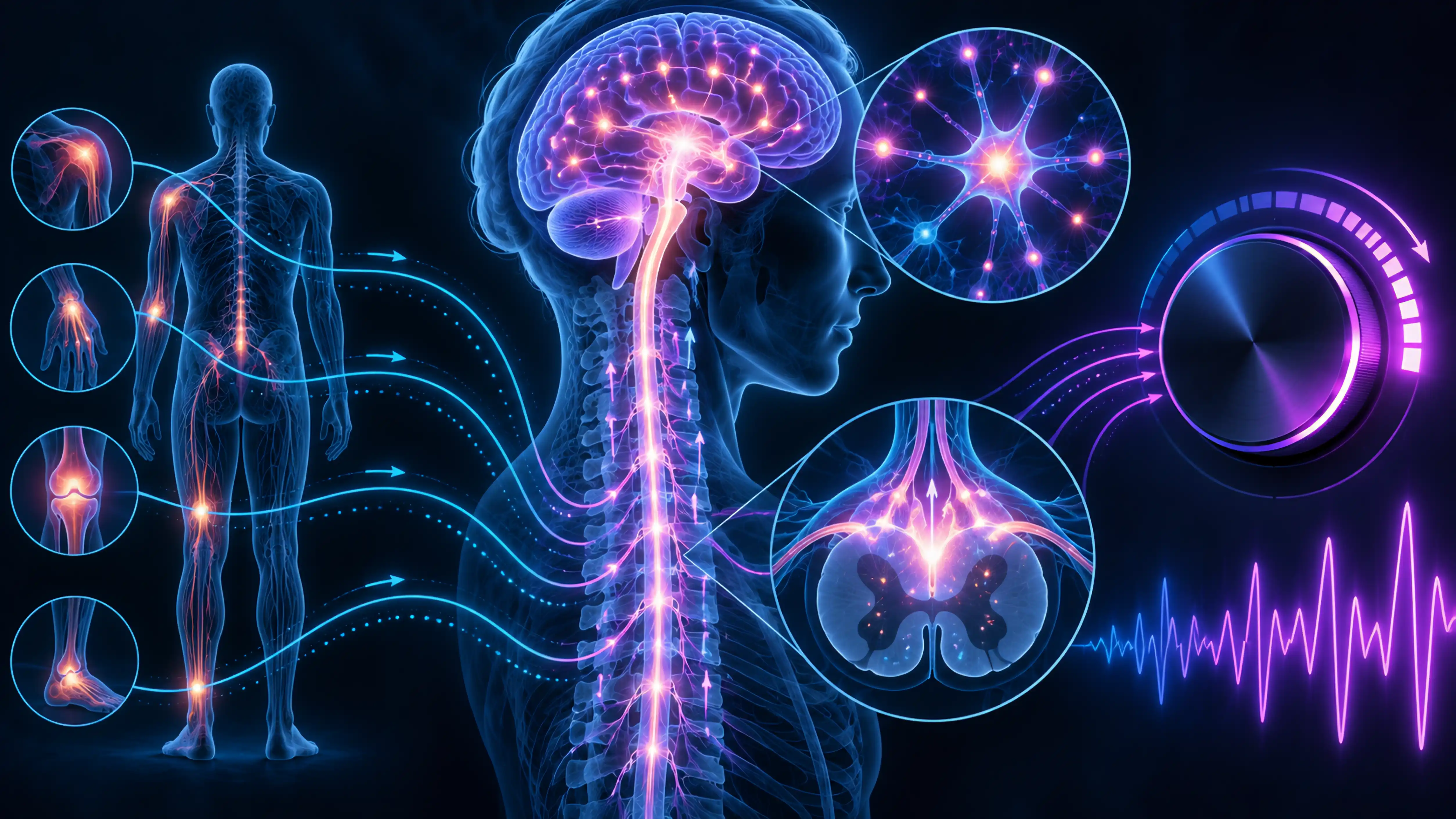 Signals from the body travelling to the brain and spinal cord and being amplified, with a turned-up volume dial and an EEG-style waveform.