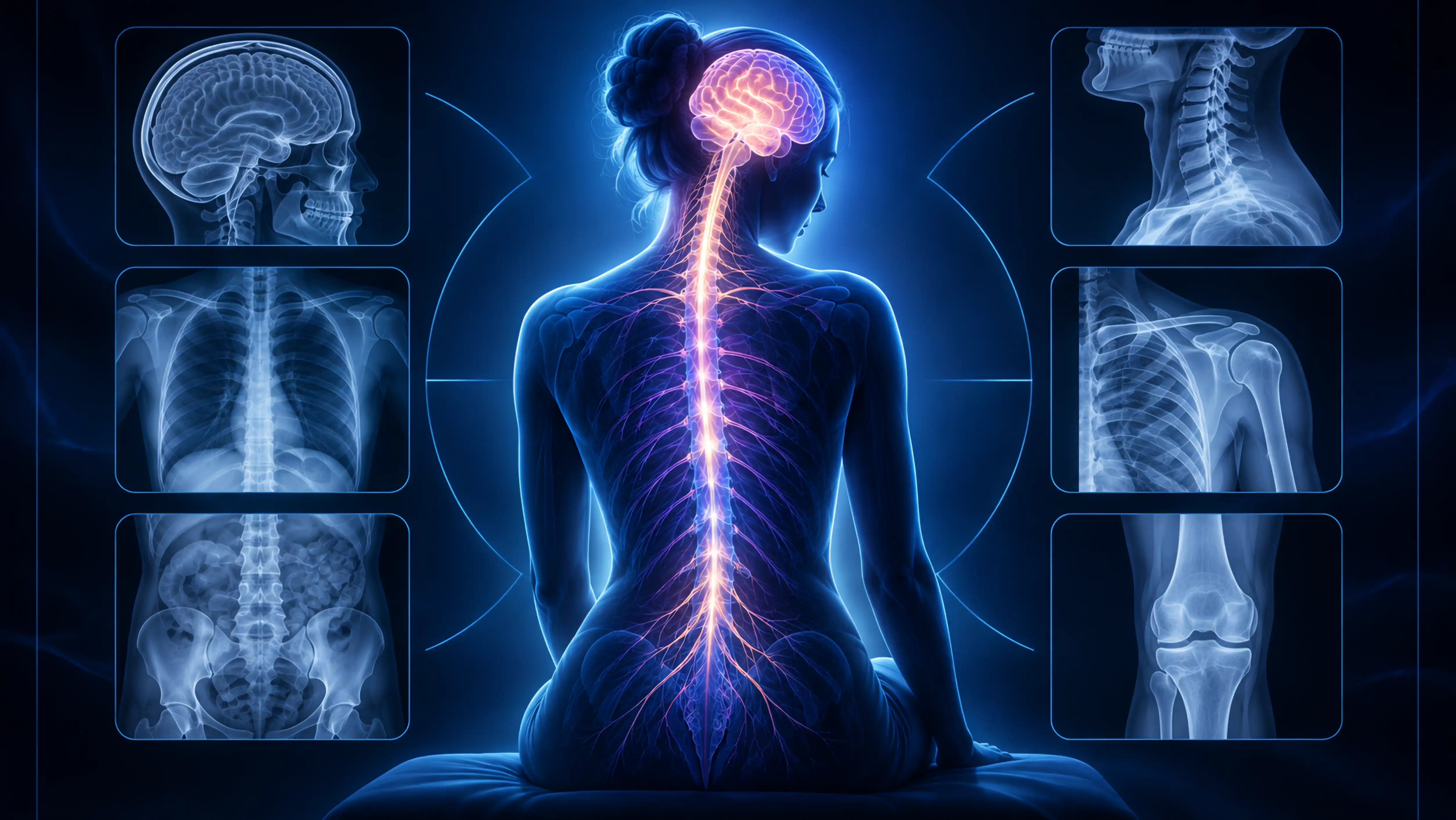 A figure with a glowing brain and spinal cord surrounded by normal-looking X-ray panels of the skull, chest, spine, shoulder and knee.