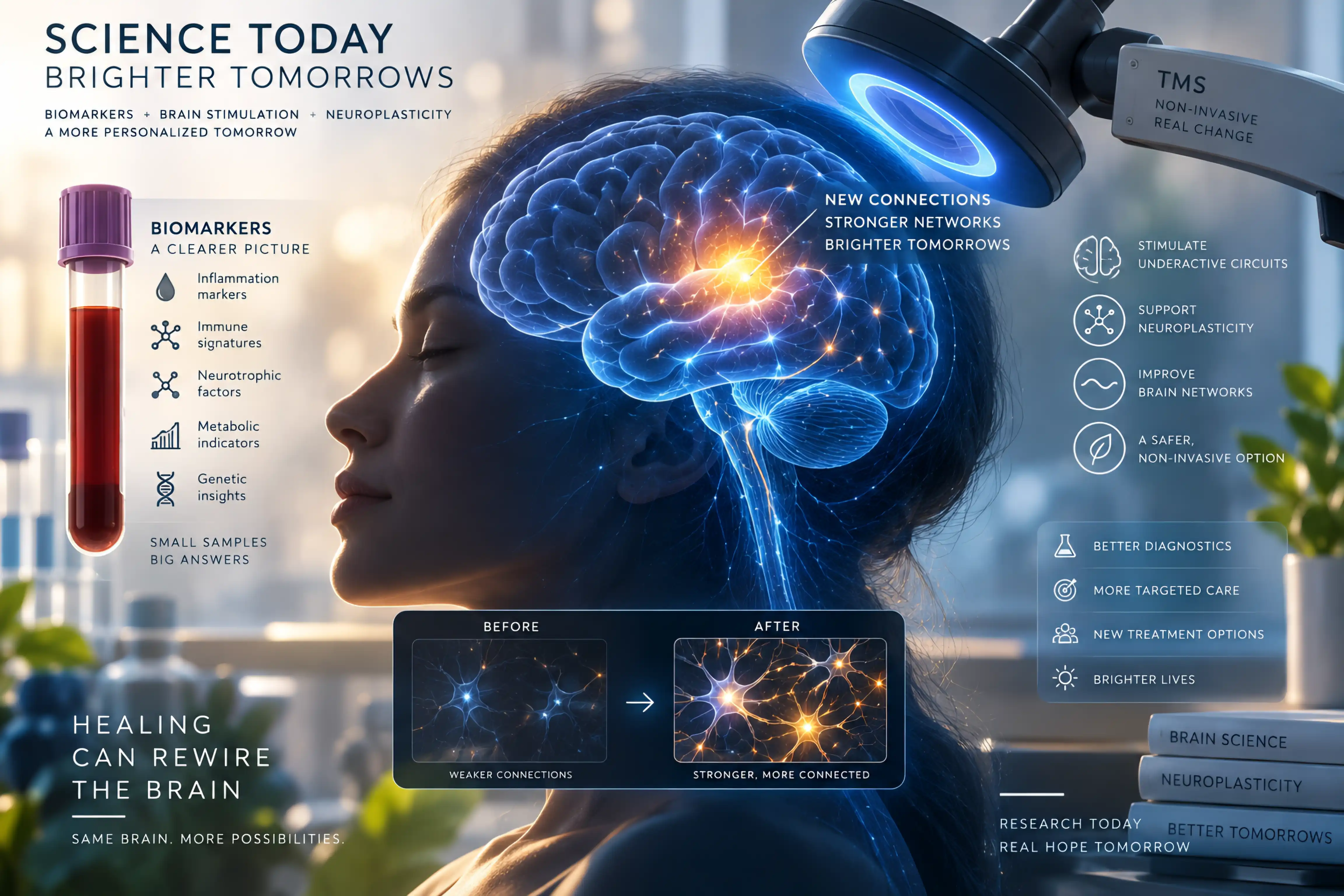 A research montage showing a blood biomarker tube, a non-invasive brain-stimulation coil over the head, and before/after neural connectivity.