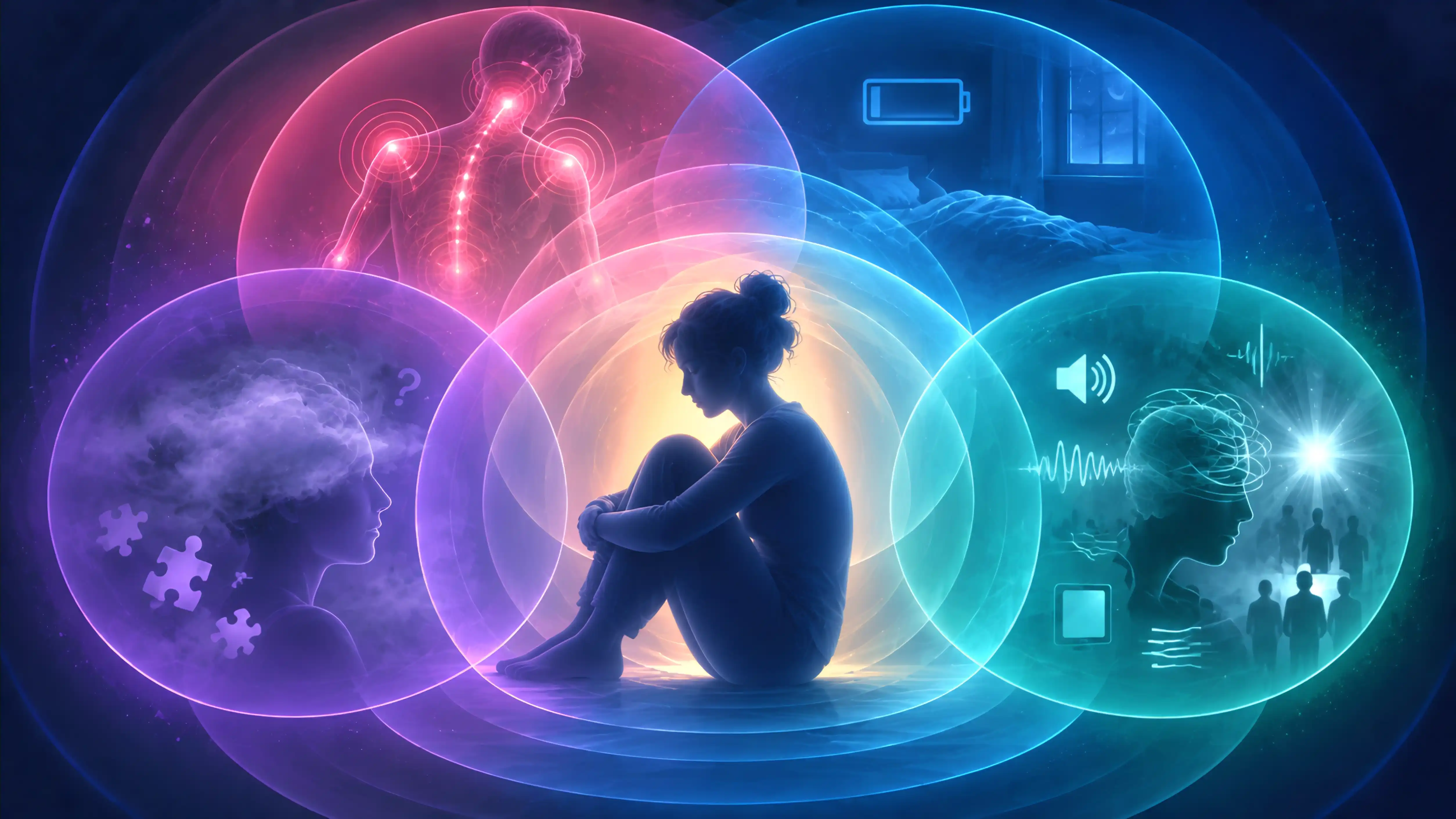 A seated figure surrounded by overlapping translucent circles representing pain, fatigue, cognitive fog and sensory overload.