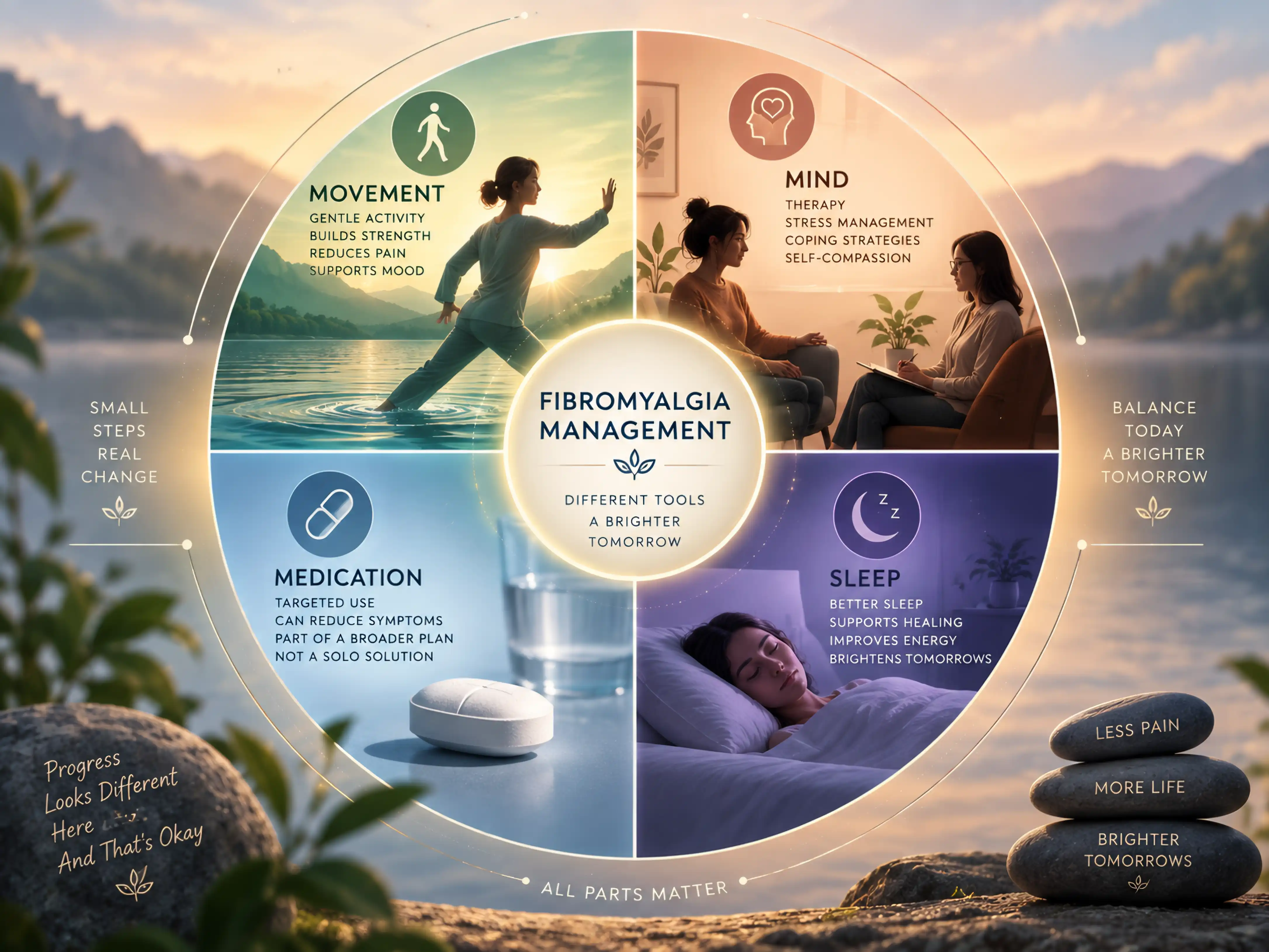 A four-part wheel showing movement, mind-based therapy, medication and sleep as the pillars of fibromyalgia management.