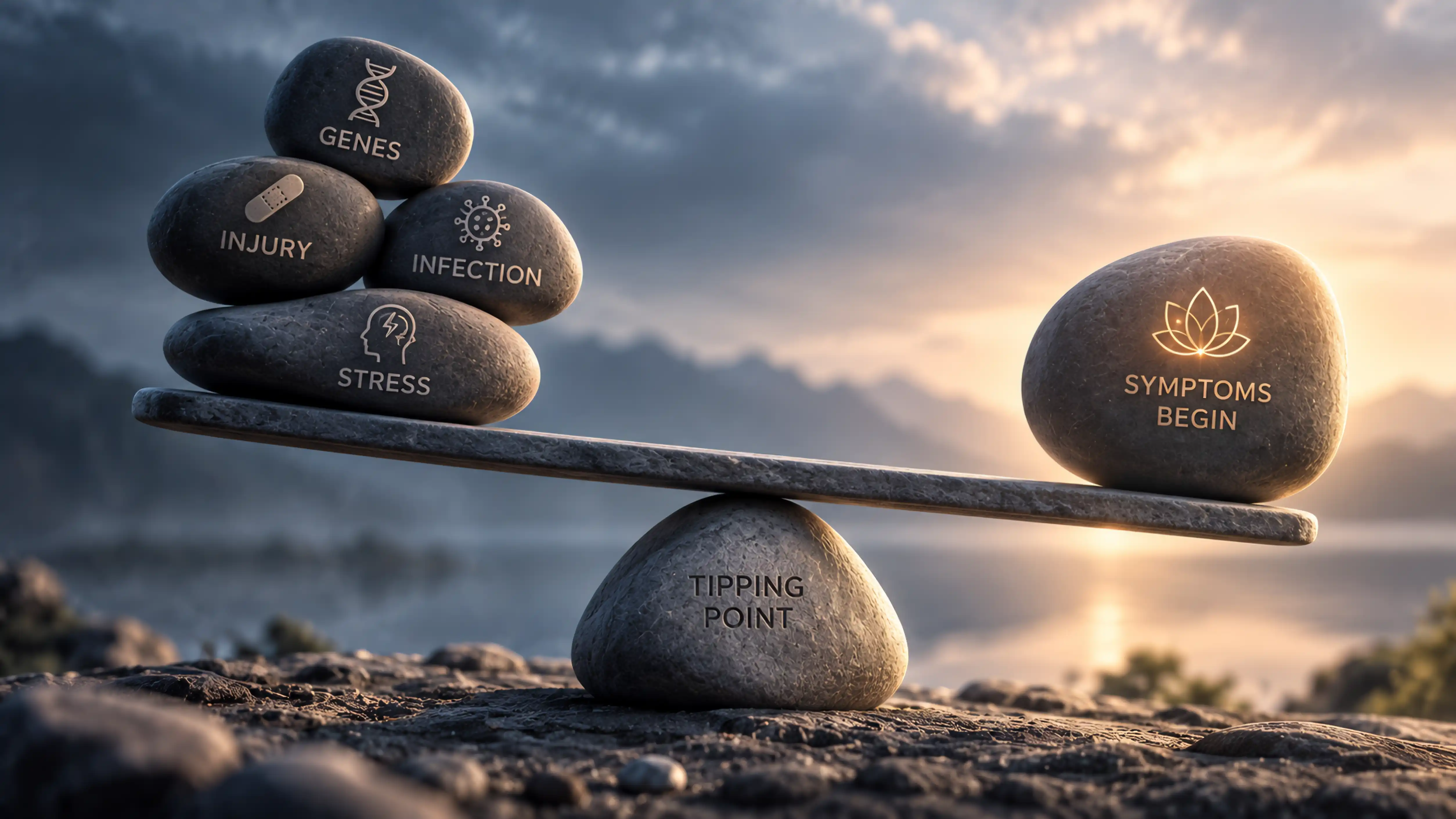 A balance beam with stones labelled genes, injury, infection and stress tipping the scale toward 'symptoms begin'.