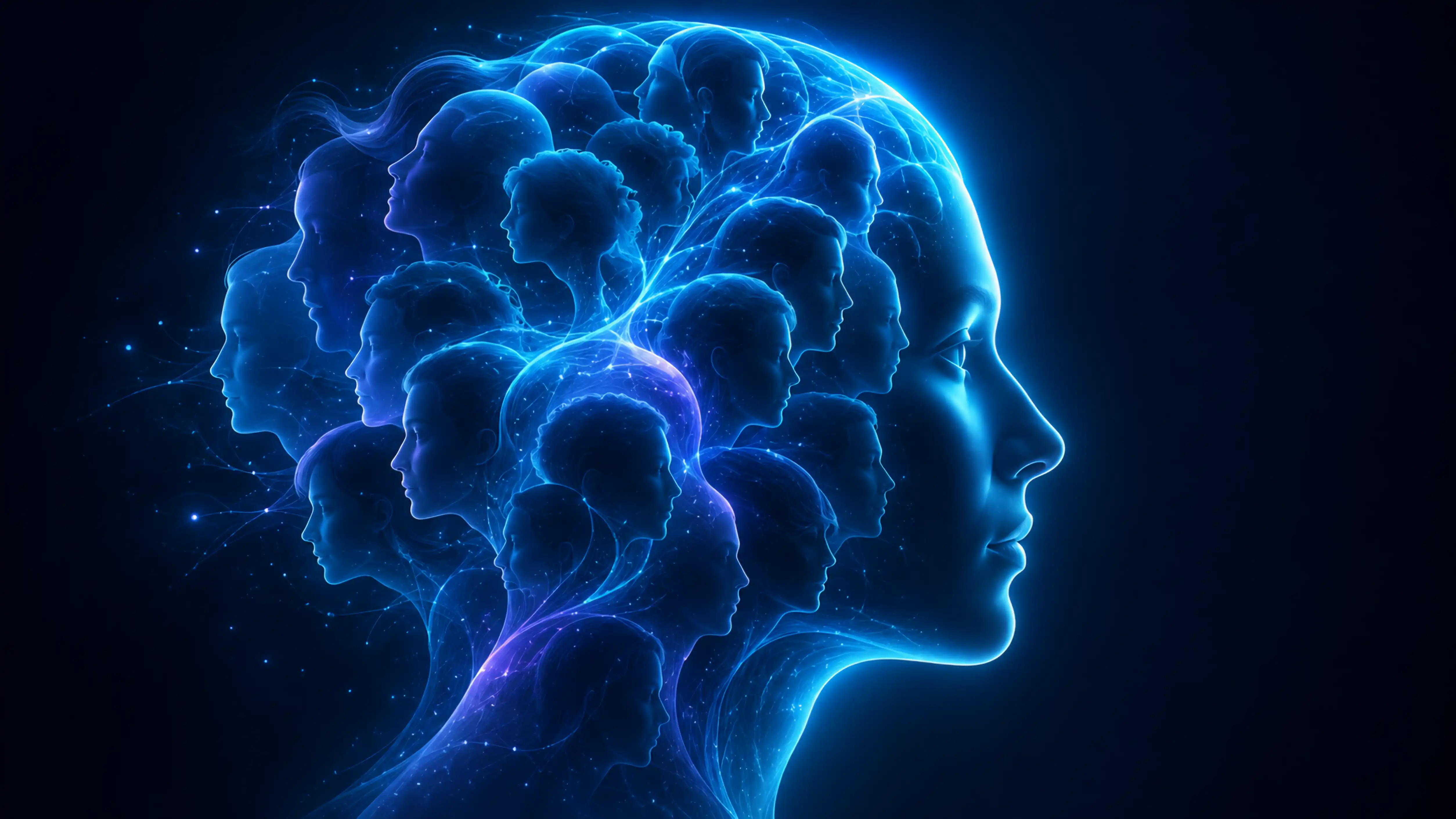 A glowing human head in profile composed of many overlapping translucent face silhouettes, symbolising that one presentation can contain many possible diagnoses.