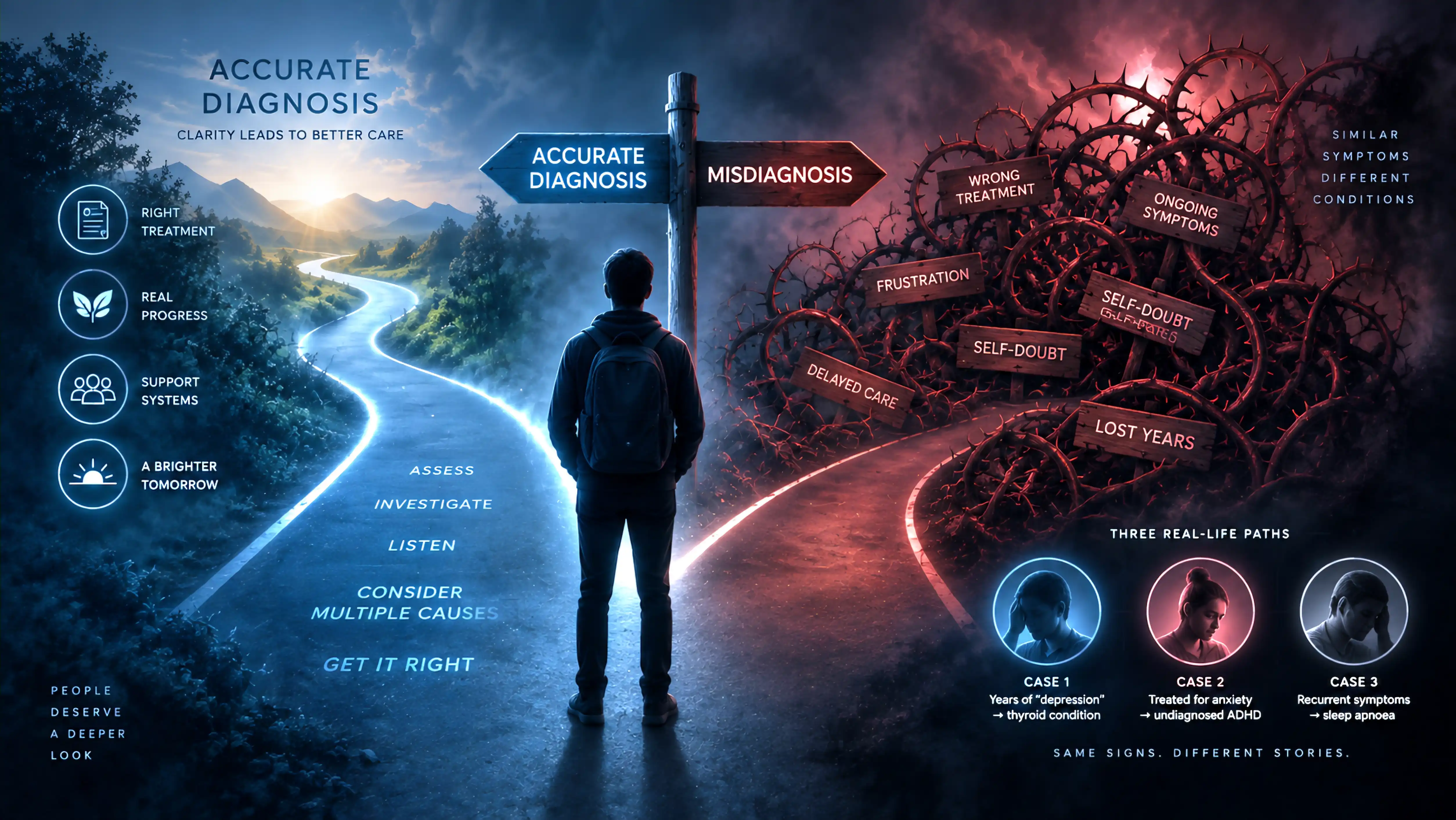 A person at a signpost forking between a calm, lit 'accurate diagnosis' path and a dark, thorny 'misdiagnosis' path, with three example cases below.