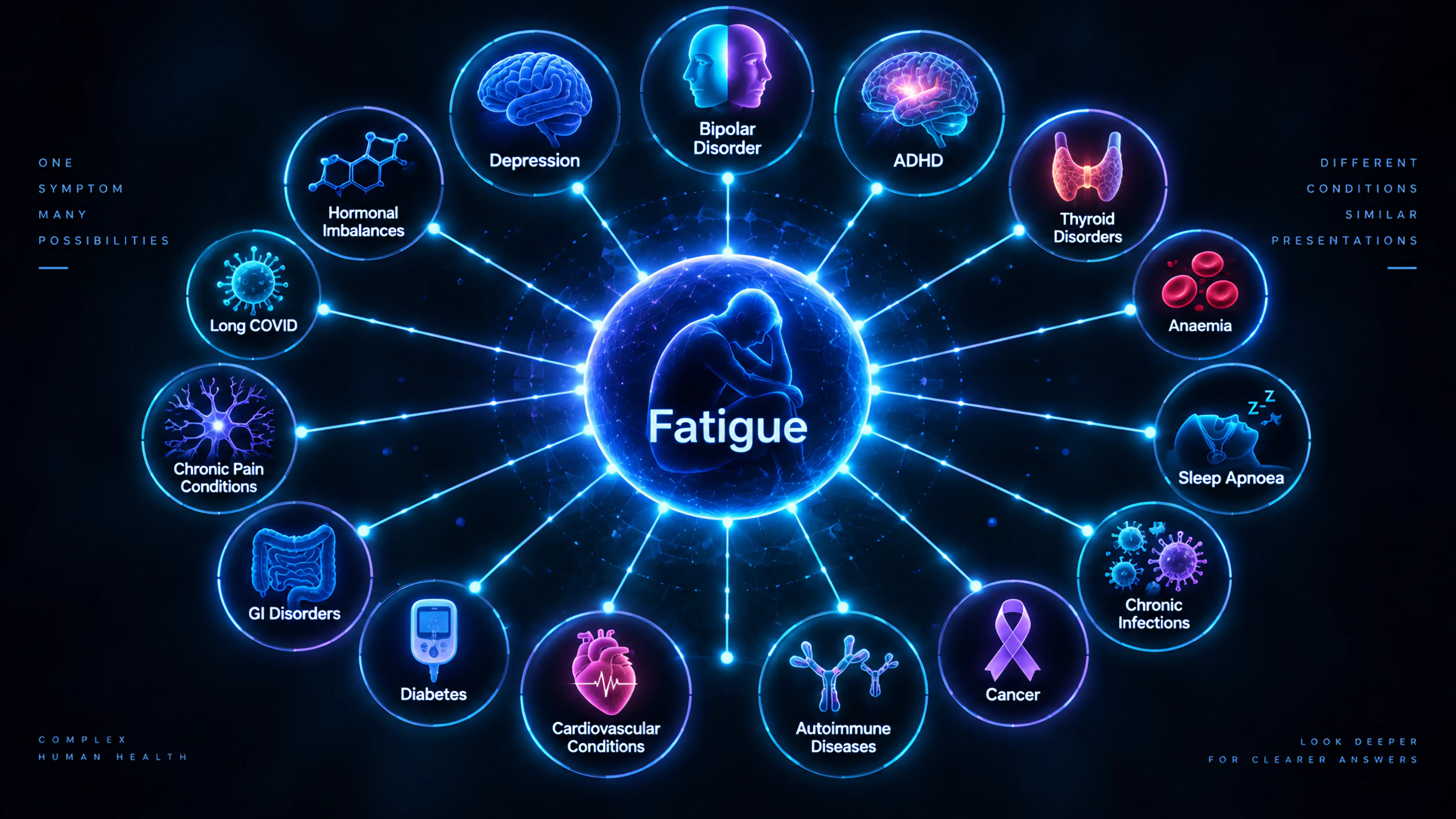 A network diagram with a central 'Fatigue' node linked to many condition bubbles including depression, bipolar disorder, ADHD, thyroid disorders, anaemia and sleep apnoea.