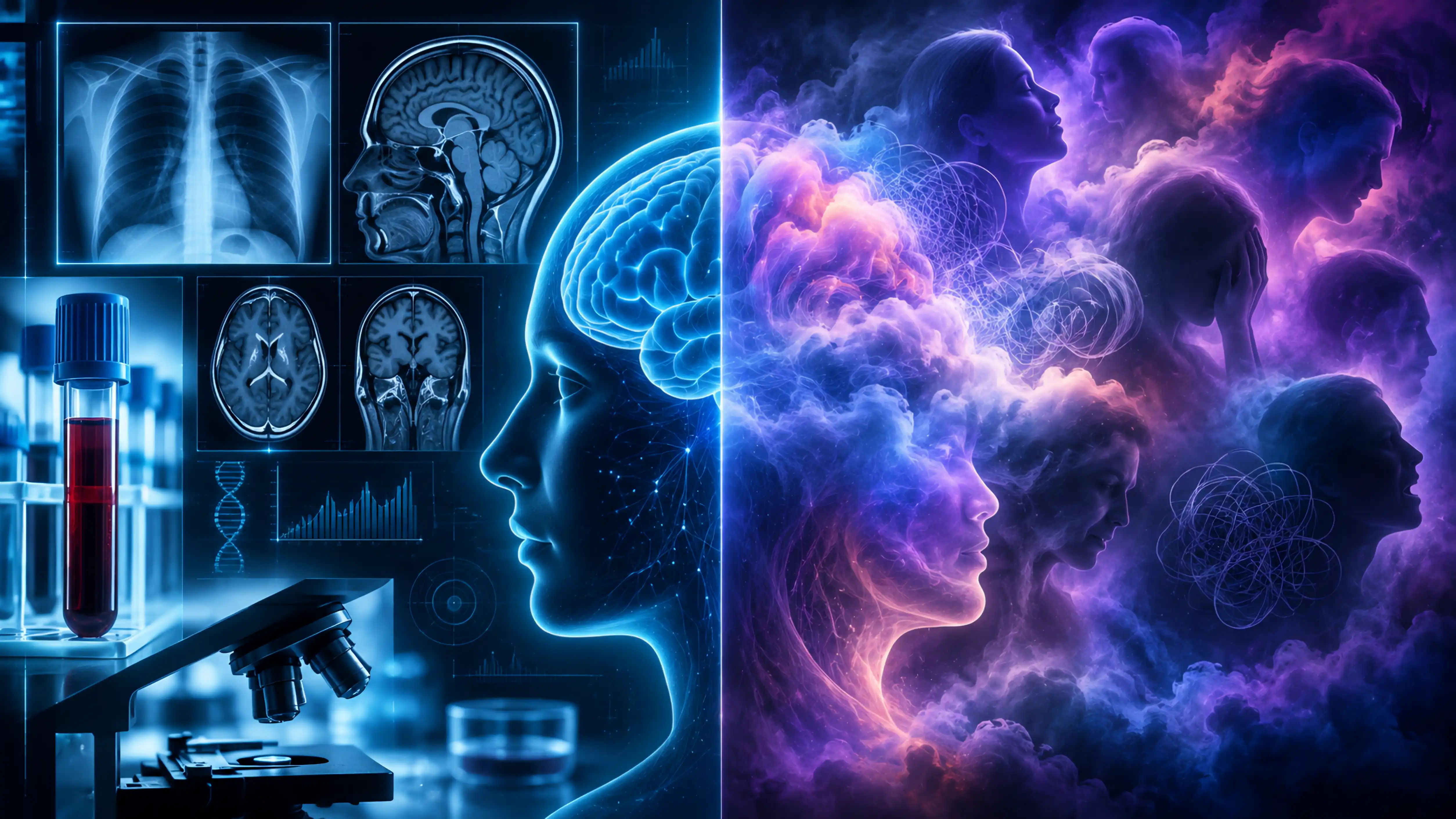 Split image: on the left, objective medical tests such as X-rays, MRI slices and a blood tube; on the right, an abstract cloud of overlapping human faces representing subjective experience.