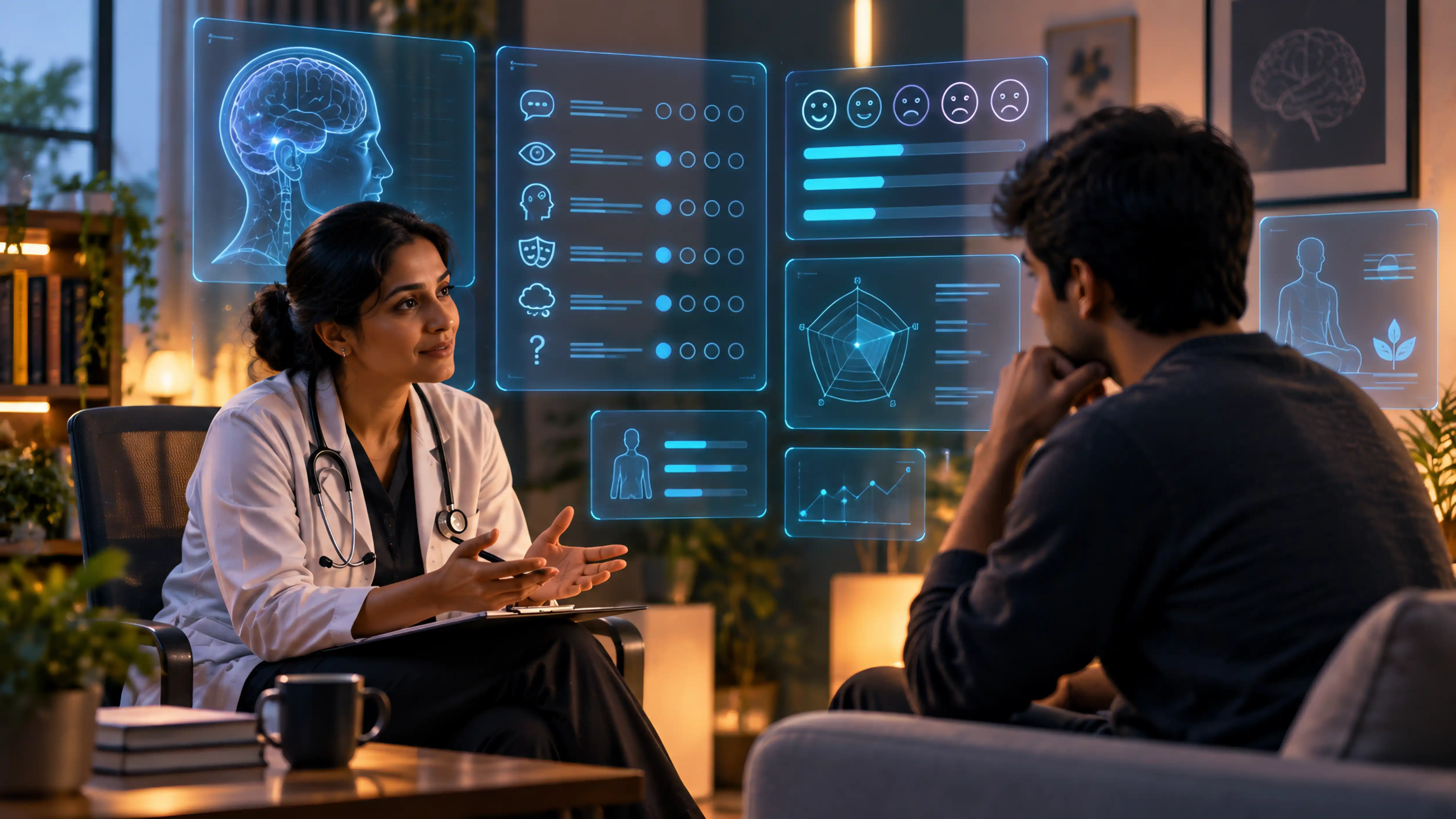 A clinician in a white coat in conversation with a patient, with holographic panels showing a brain, mood-rating faces, and assessment scales.