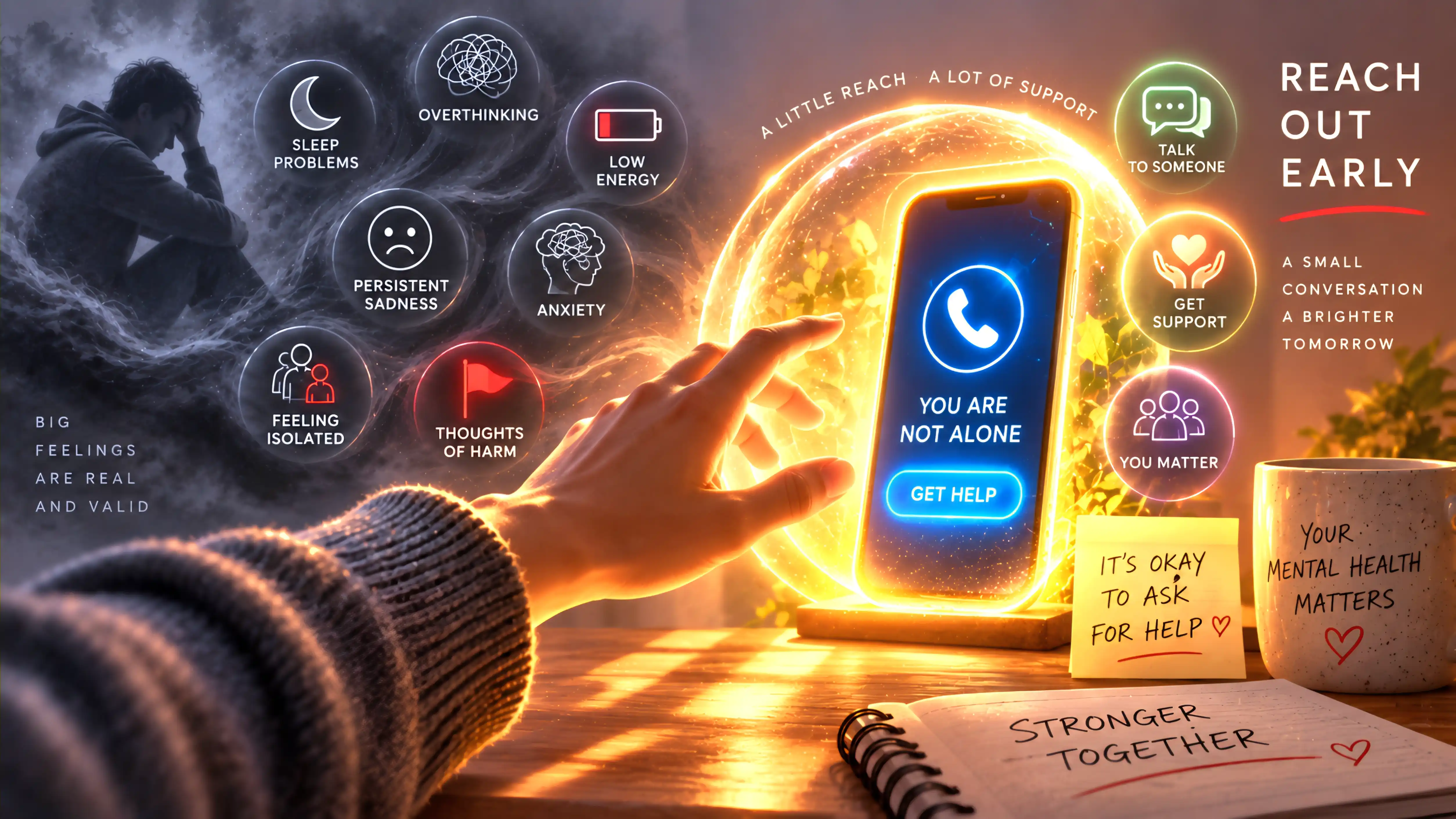 A hand reaching toward a glowing phone showing a helpline 'get help' button, surrounded by calm warning-sign icons and supportive notes.