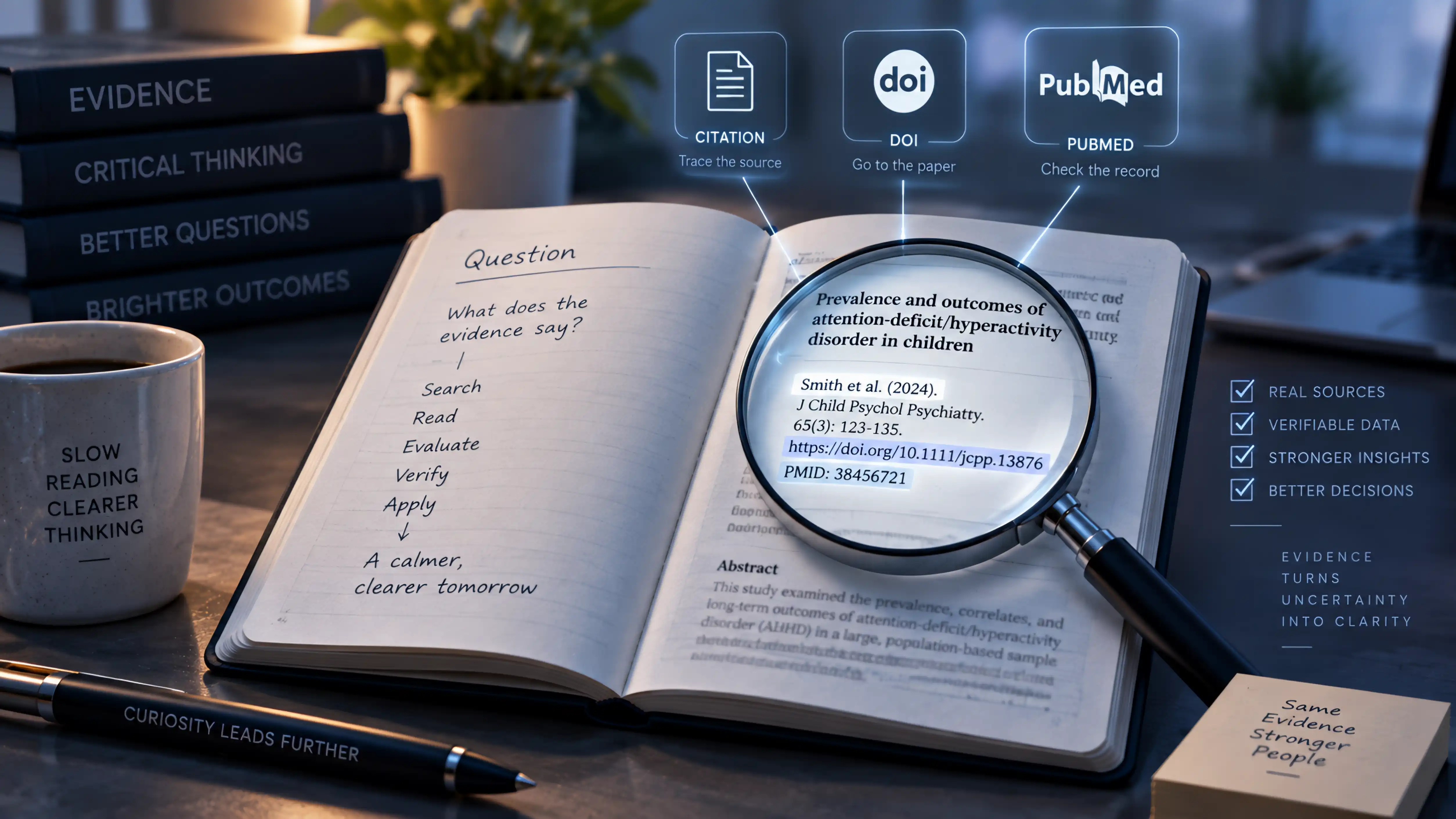 An open notebook under a magnifying glass focused on a journal citation, with citation, DOI and PubMed icons and a checklist of verification steps.