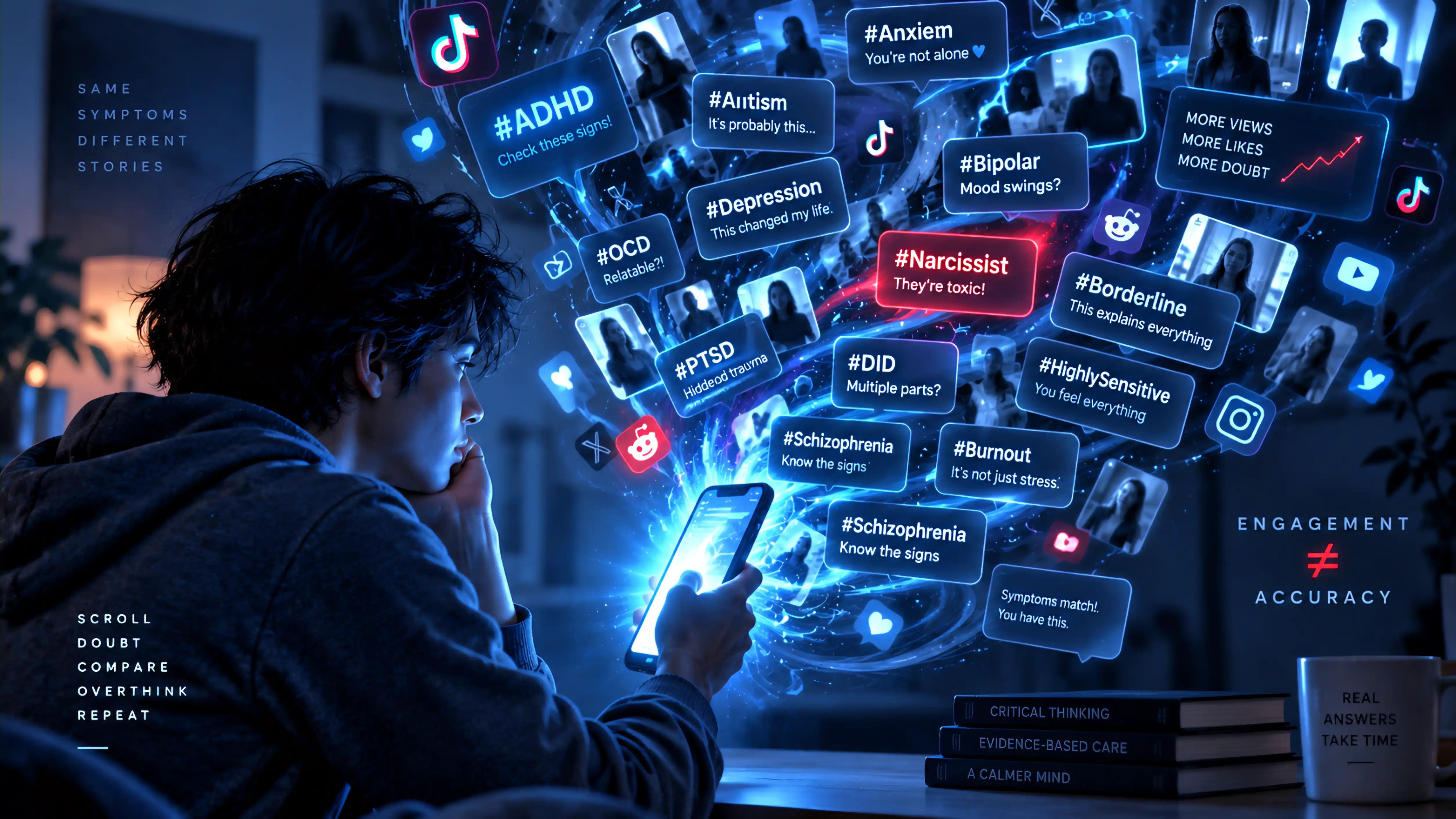 A person looking at a phone surrounded by a swirl of contradictory social-media diagnosis hashtags, with the caption 'engagement does not equal accuracy'.