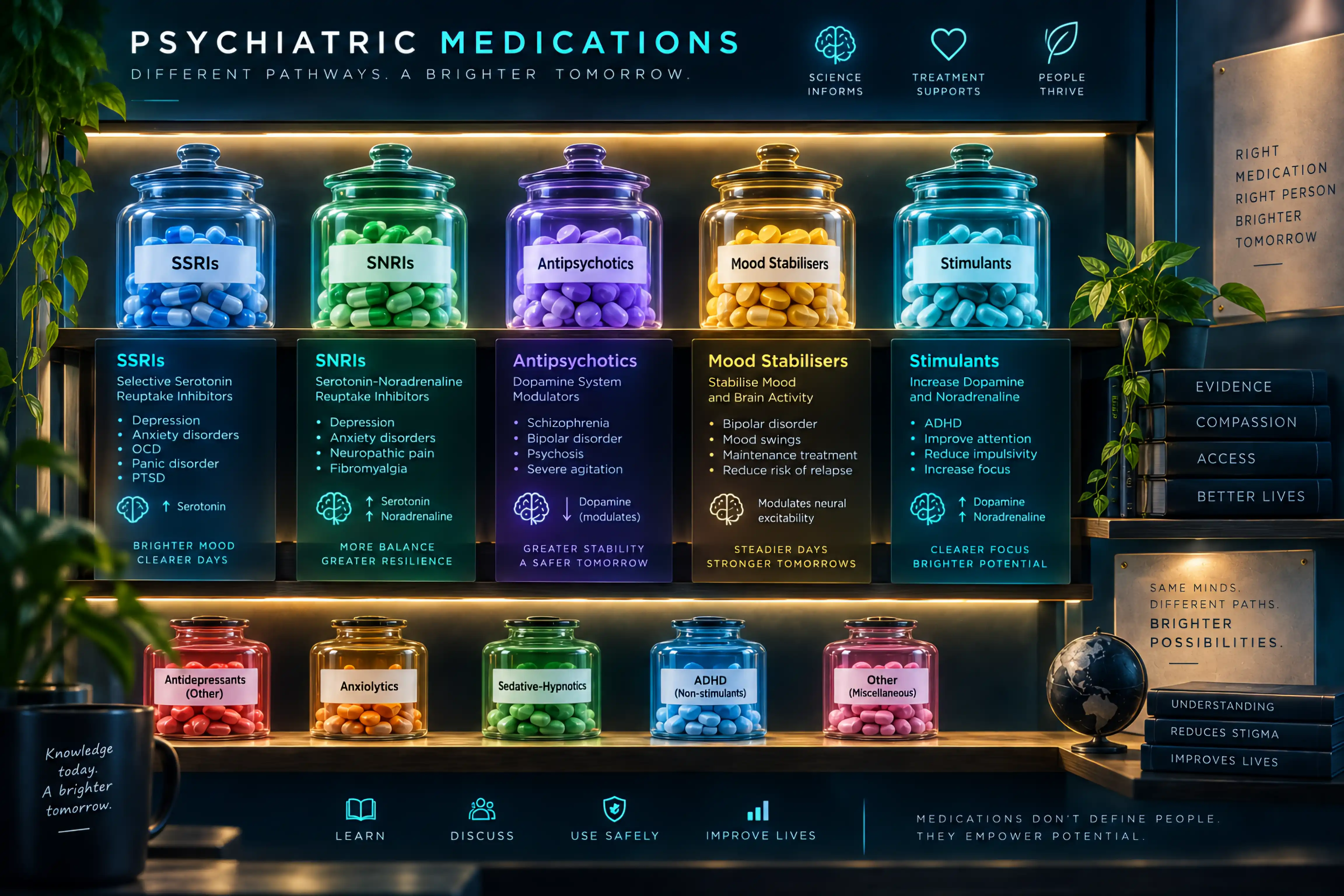 An apothecary-style shelf of labelled jars of colour-coded pills grouped by class — SSRIs, SNRIs, antipsychotics, mood stabilisers and stimulants — with short descriptions.