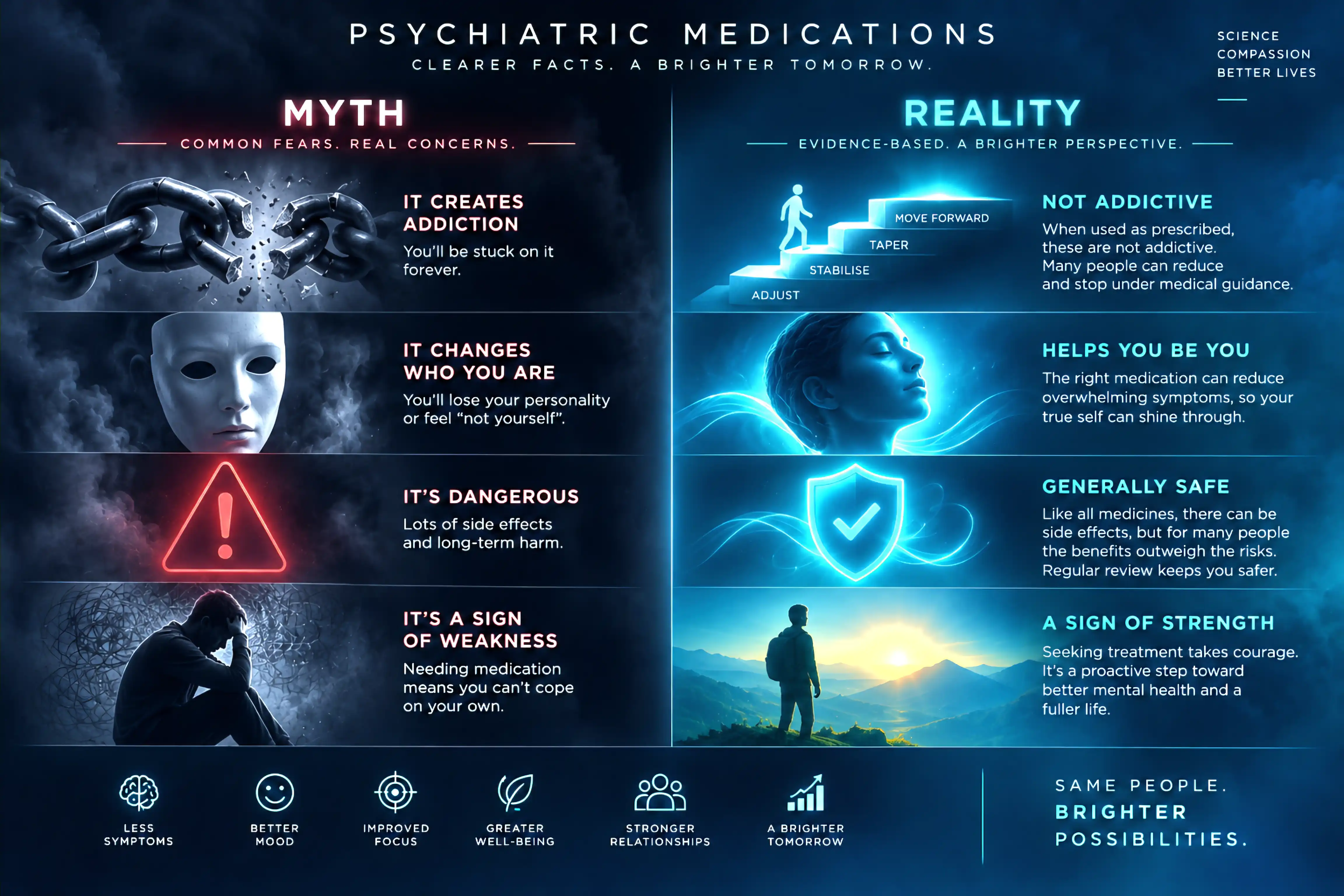 A two-column 'myth vs reality' layout contrasting fears (addiction, losing your identity, danger, weakness) with evidence-based responses.