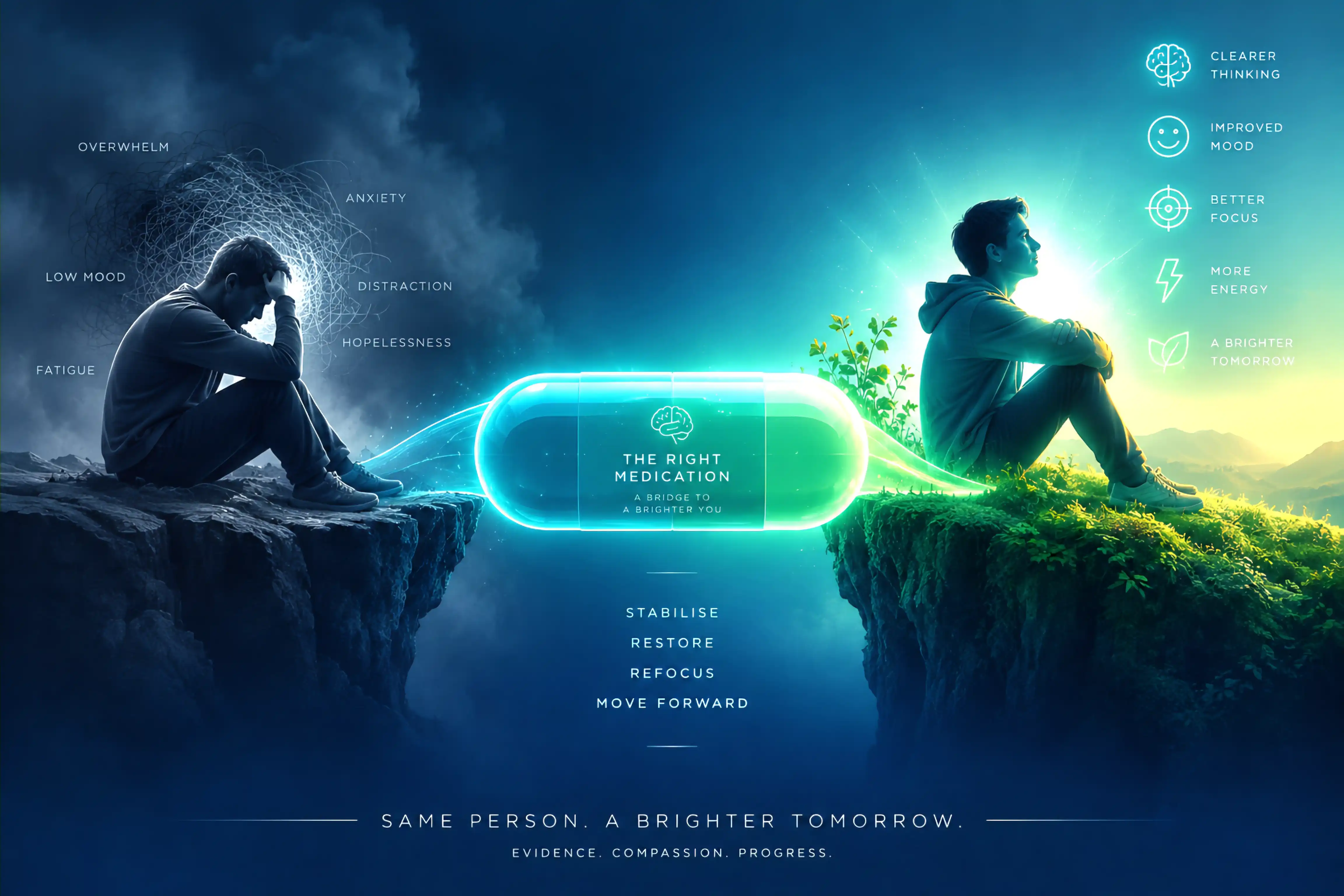 A person struggling on a dark cliff on the left and a calmer, restored version of the same person on a green sunlit cliff on the right, joined by a glowing capsule bridge labelled 'the right medication'.