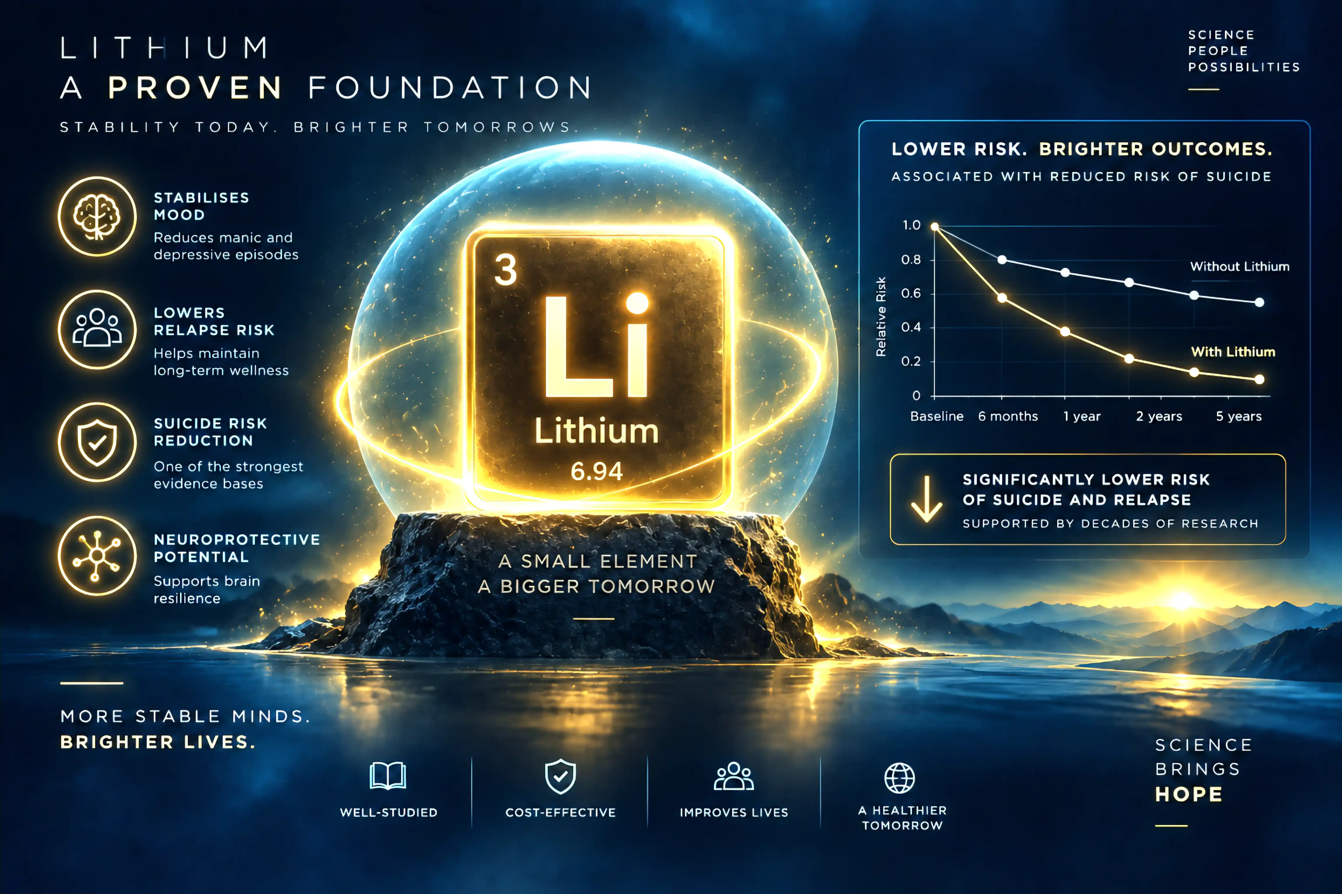 A glowing periodic-table tile for lithium (Li, atomic number 3) on a pedestal, beside a chart showing lower relative risk over time with lithium and a list of its benefits.