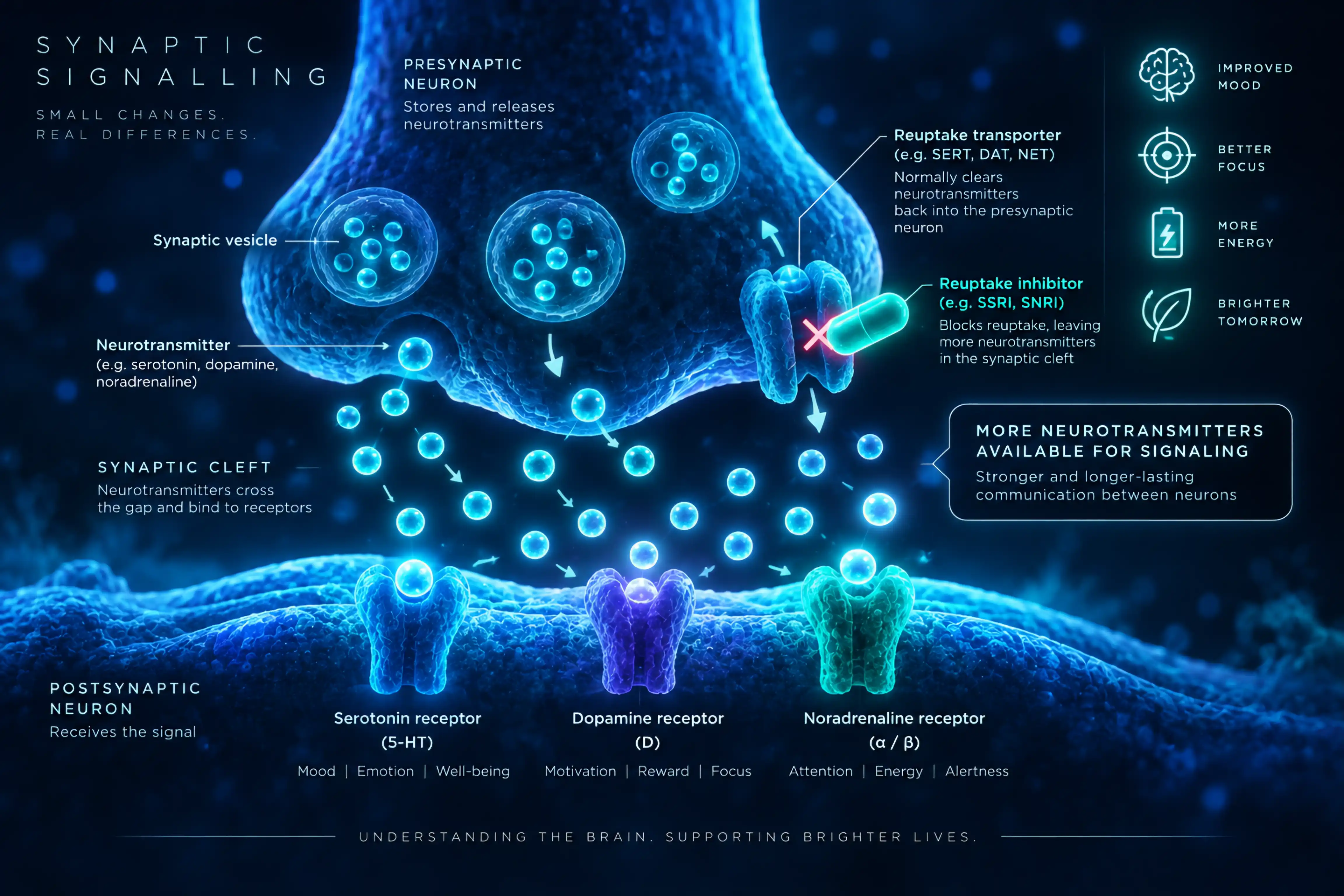 A labelled synapse: presynaptic neuron releasing neurotransmitters across the synaptic cleft to serotonin, dopamine and noradrenaline receptors, with a reuptake transporter being blocked by a reuptake inhibitor.