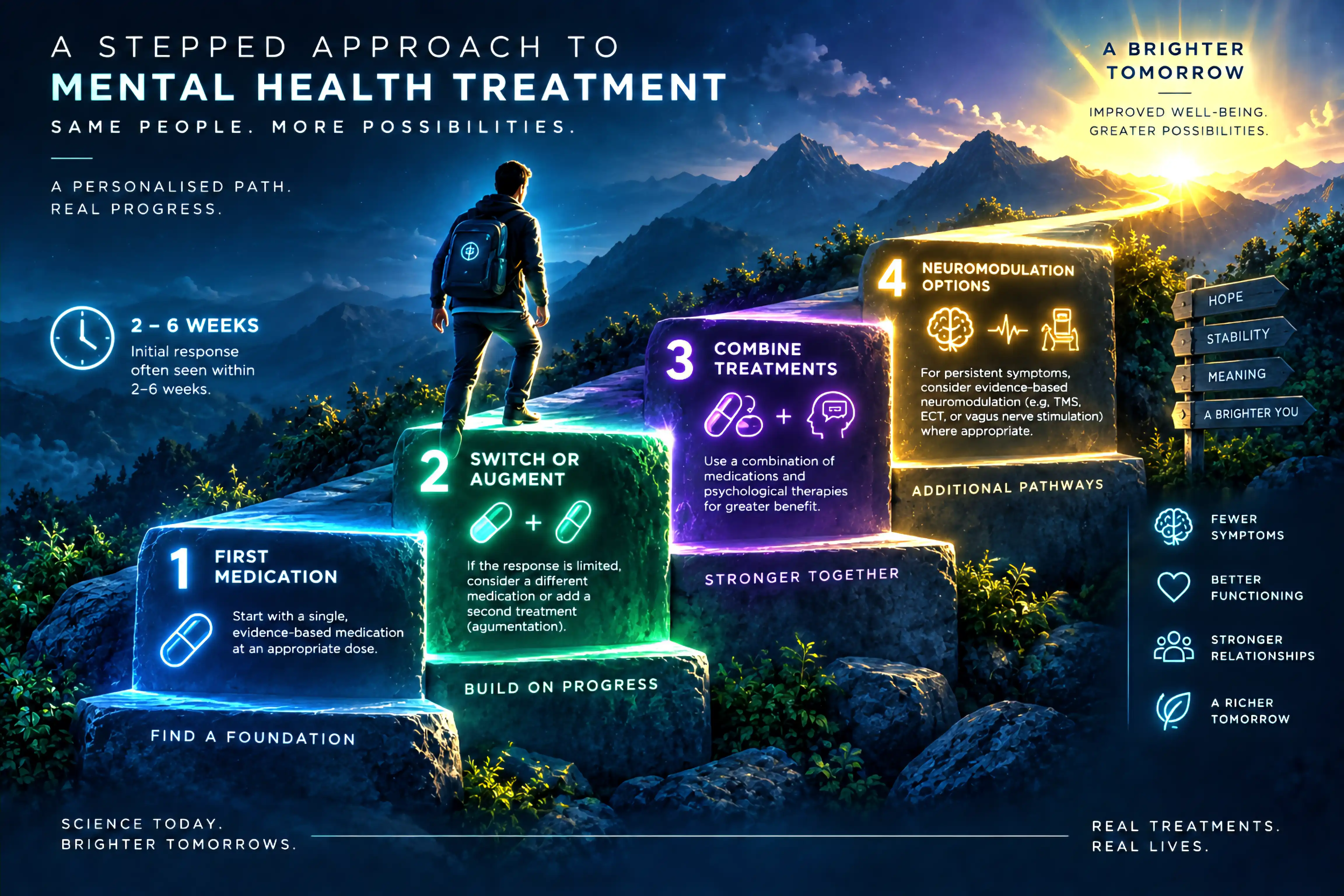 Four ascending steps — first medication, switch or augment, combine treatments, neuromodulation — with a person climbing toward a sunrise over mountains and a '2–6 weeks' note.