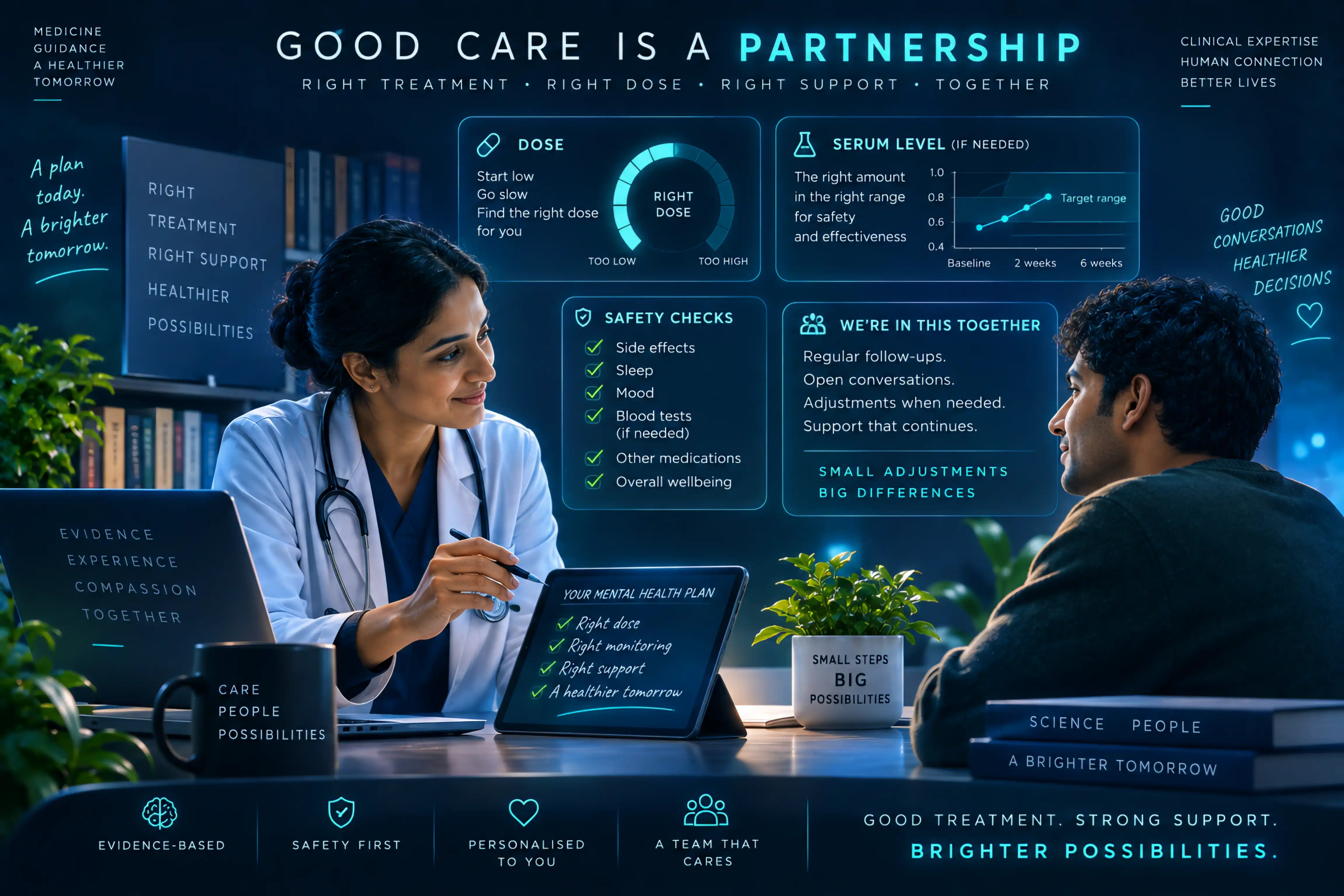 A clinician and patient in conversation across a desk, with floating panels for dose titration, a serum-level chart, a safety-check list and follow-up.