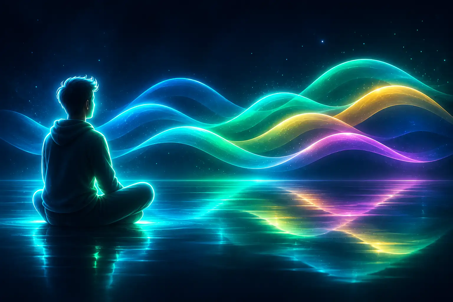 A calm seated figure watching smooth, multicoloured waves of light pass across a dark reflective surface, evoking flexible emotional regulation.
