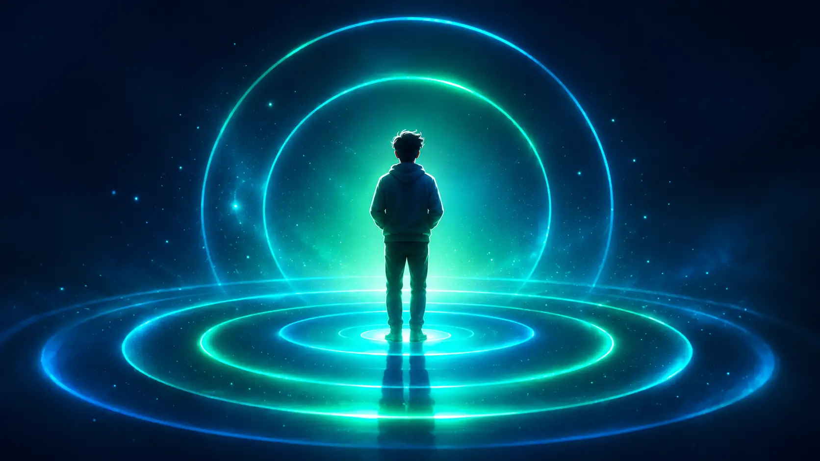 A calm figure standing at the centre of softly glowing concentric rings, evoking steadiness and self-preservation.