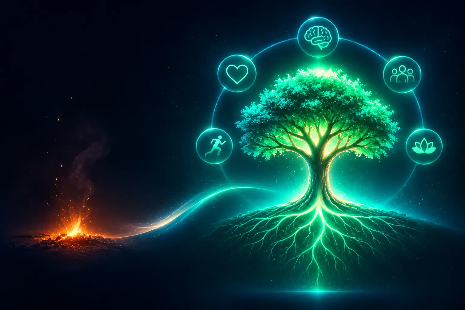 A fading ember beside a steady, deeply rooted glowing tree ringed by five icons for the cognitive, emotional, relational, physical and existential pillars.