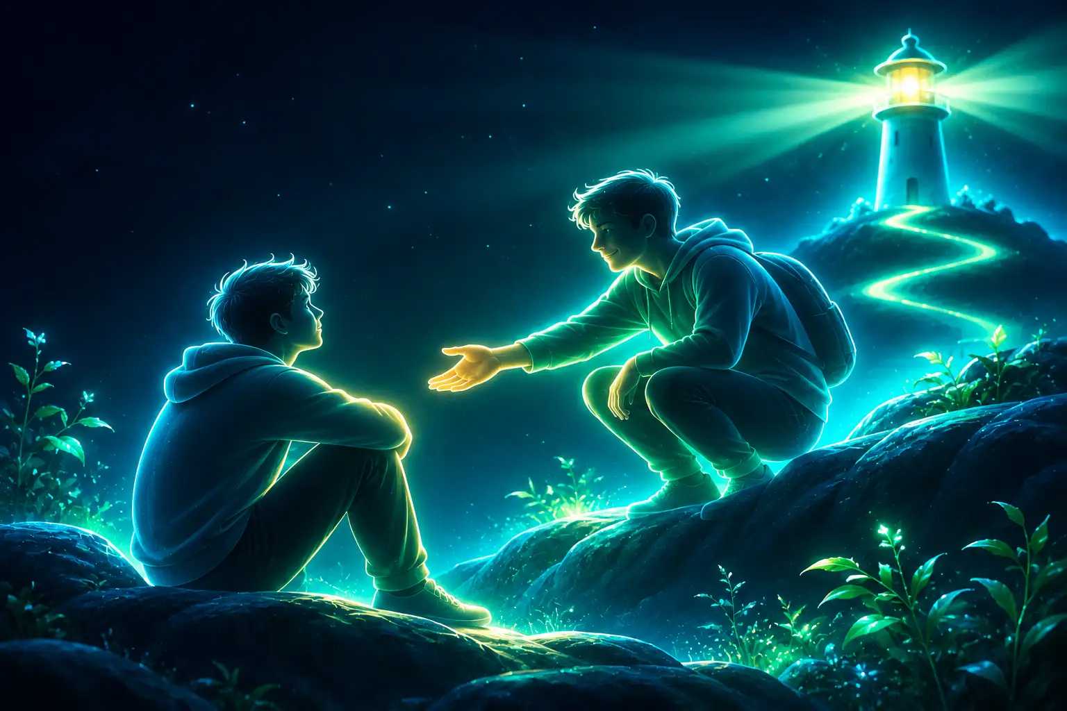 One figure of warm light extending a hand to another who is sitting, with a steady lighthouse glow in the background, evoking reaching out for support.