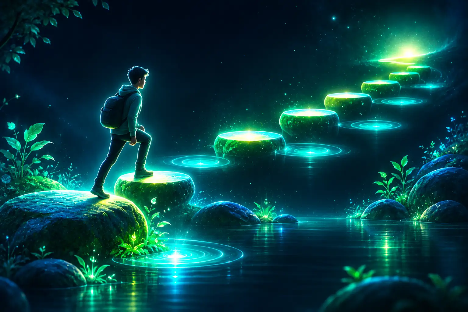 A person stepping up a gentle path of glowing stepping-stones, each slightly brighter than the last, with restful pools of light between them, evoking small anchored habits and recovery.