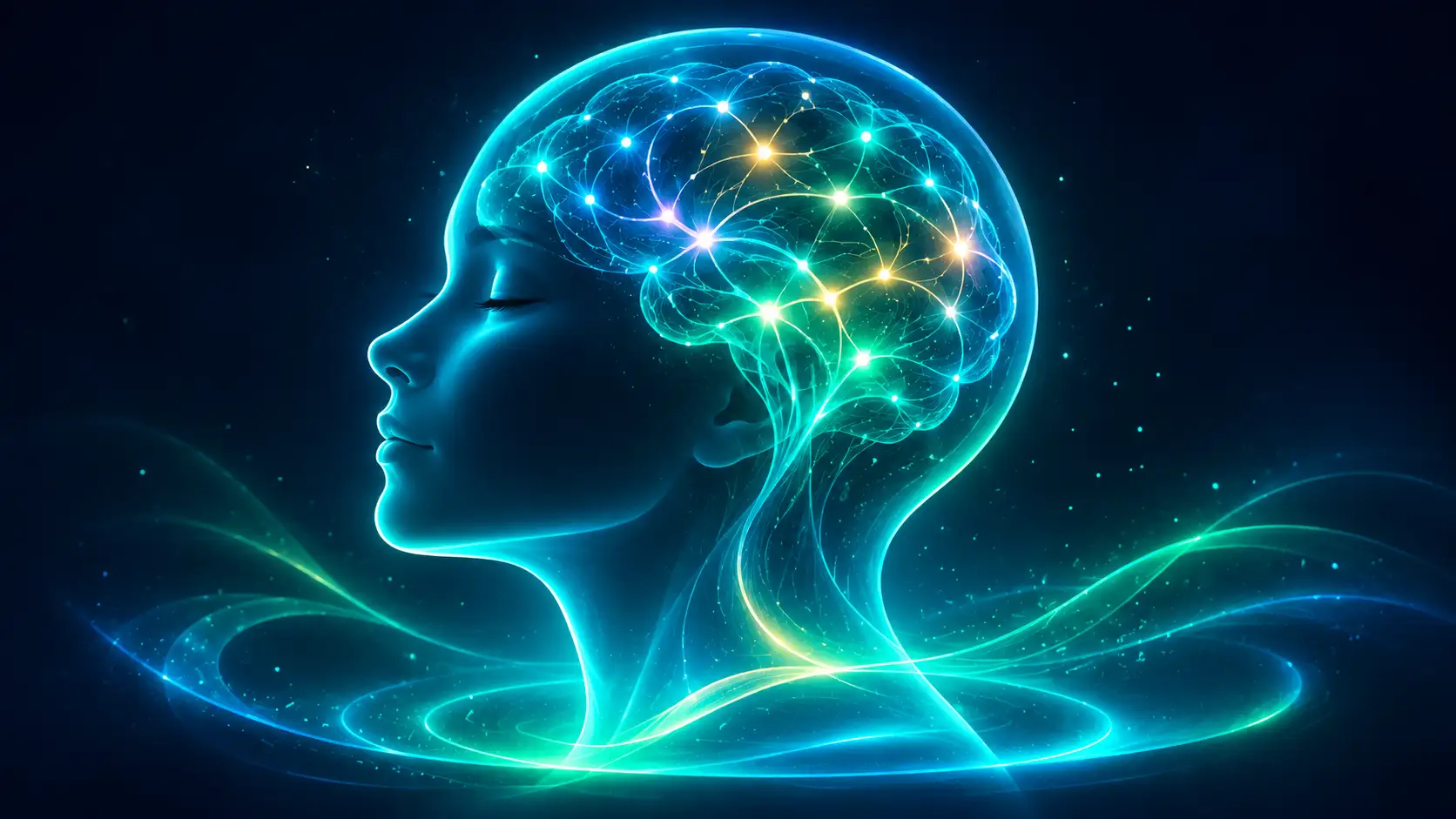 A luminous profile of a head with gently reconnecting neural filaments and a calming glow settling below, evoking neuroplasticity and an easing stress response.