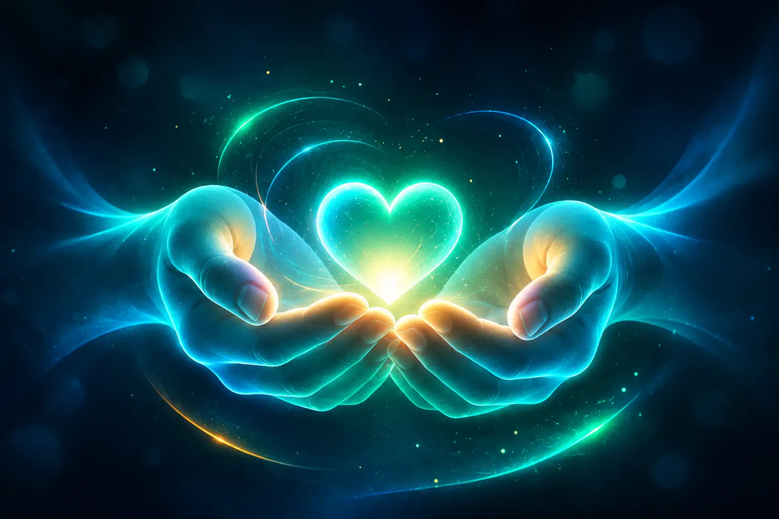 Two cupped hands made of soft light gently holding a small glowing heart, evoking self-compassion.